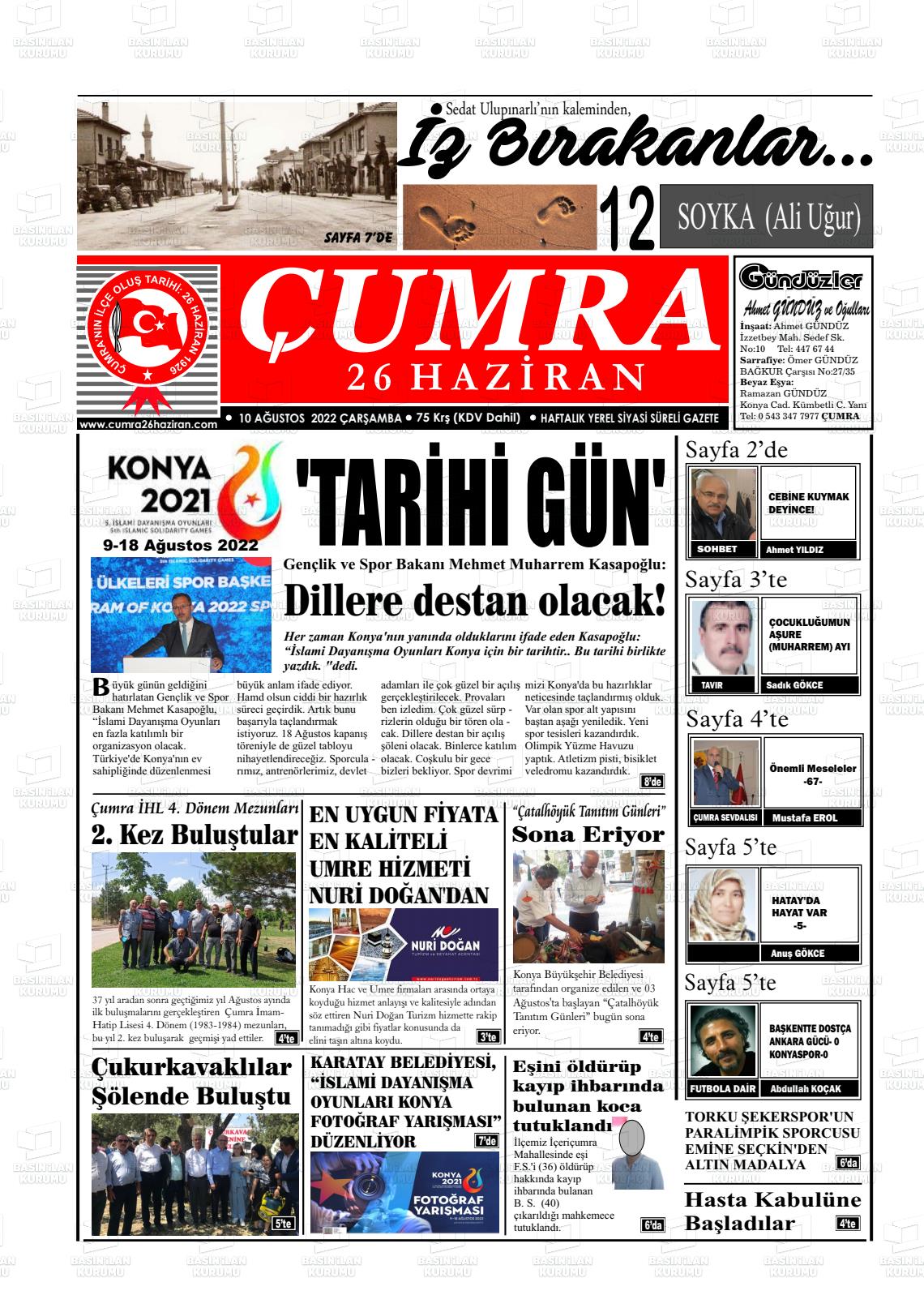 10 Ağustos 2022 Çumra 26 Haziran Gazete Manşeti