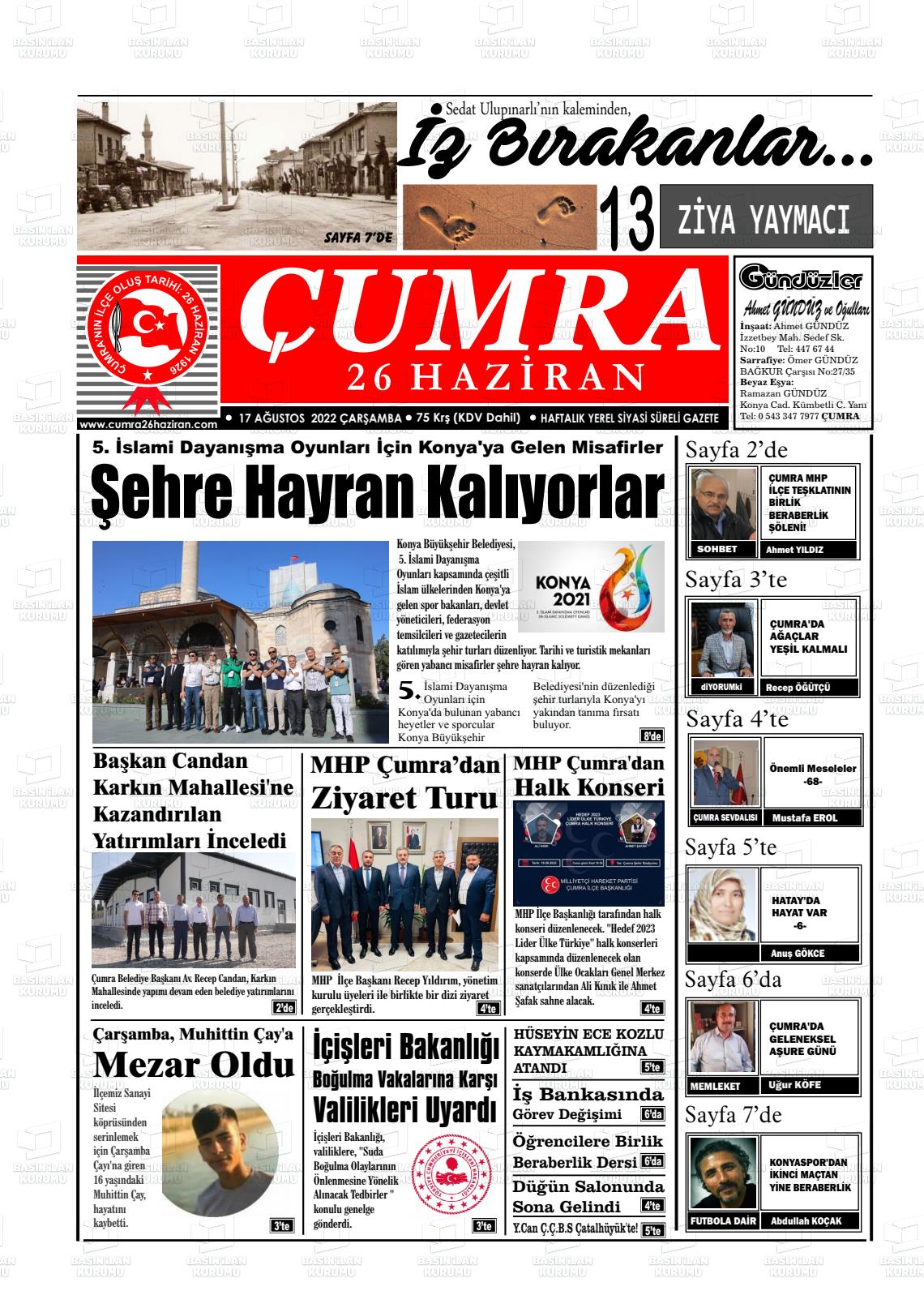 17 Ağustos 2022 Çumra 26 Haziran Gazete Manşeti