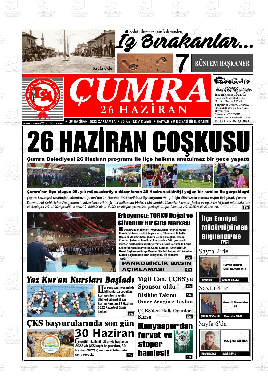 29 Haziran 2022 Çumra 26 Haziran Gazete Manşeti