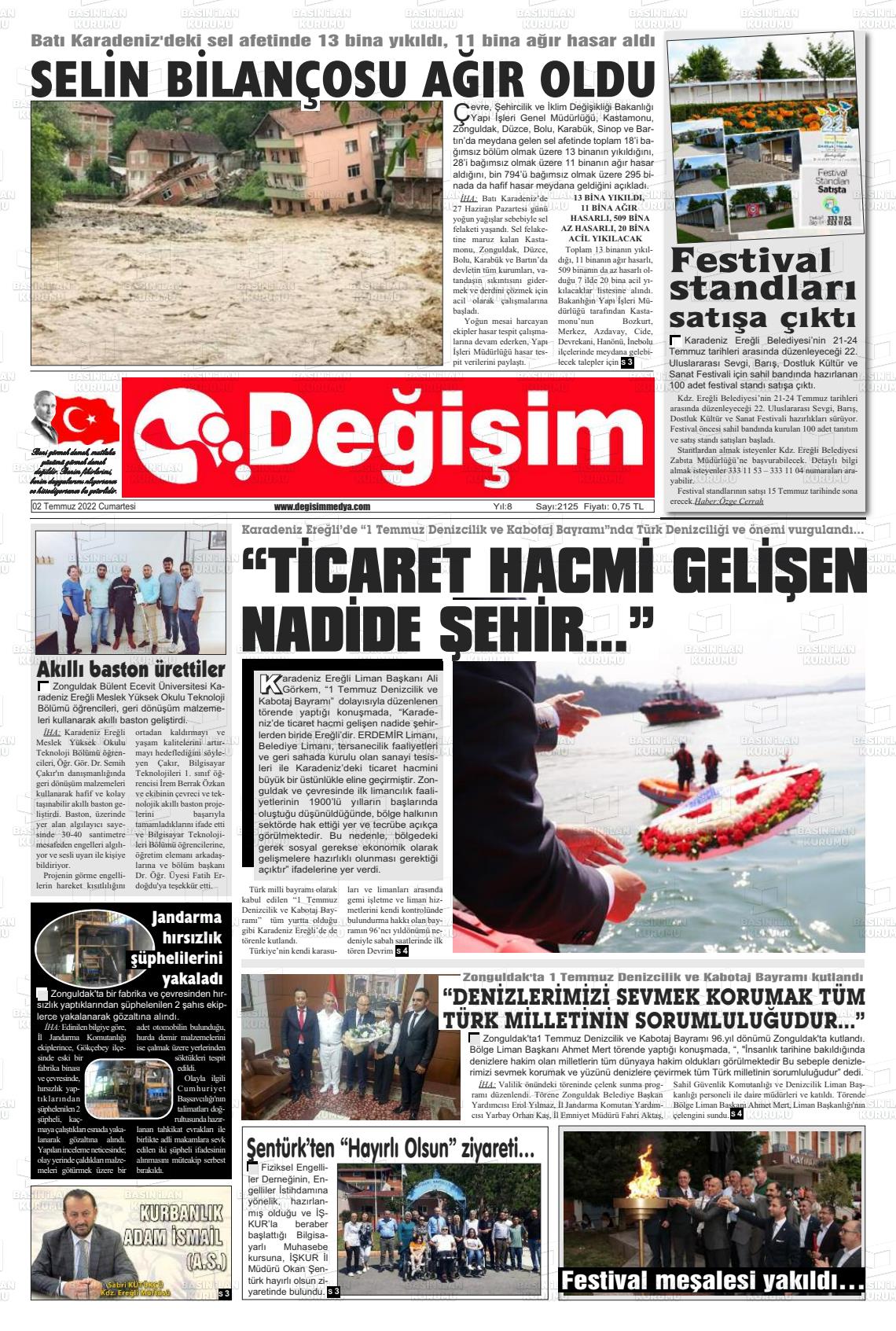 02 Temmuz 2022 Değişim Gazete Manşeti
