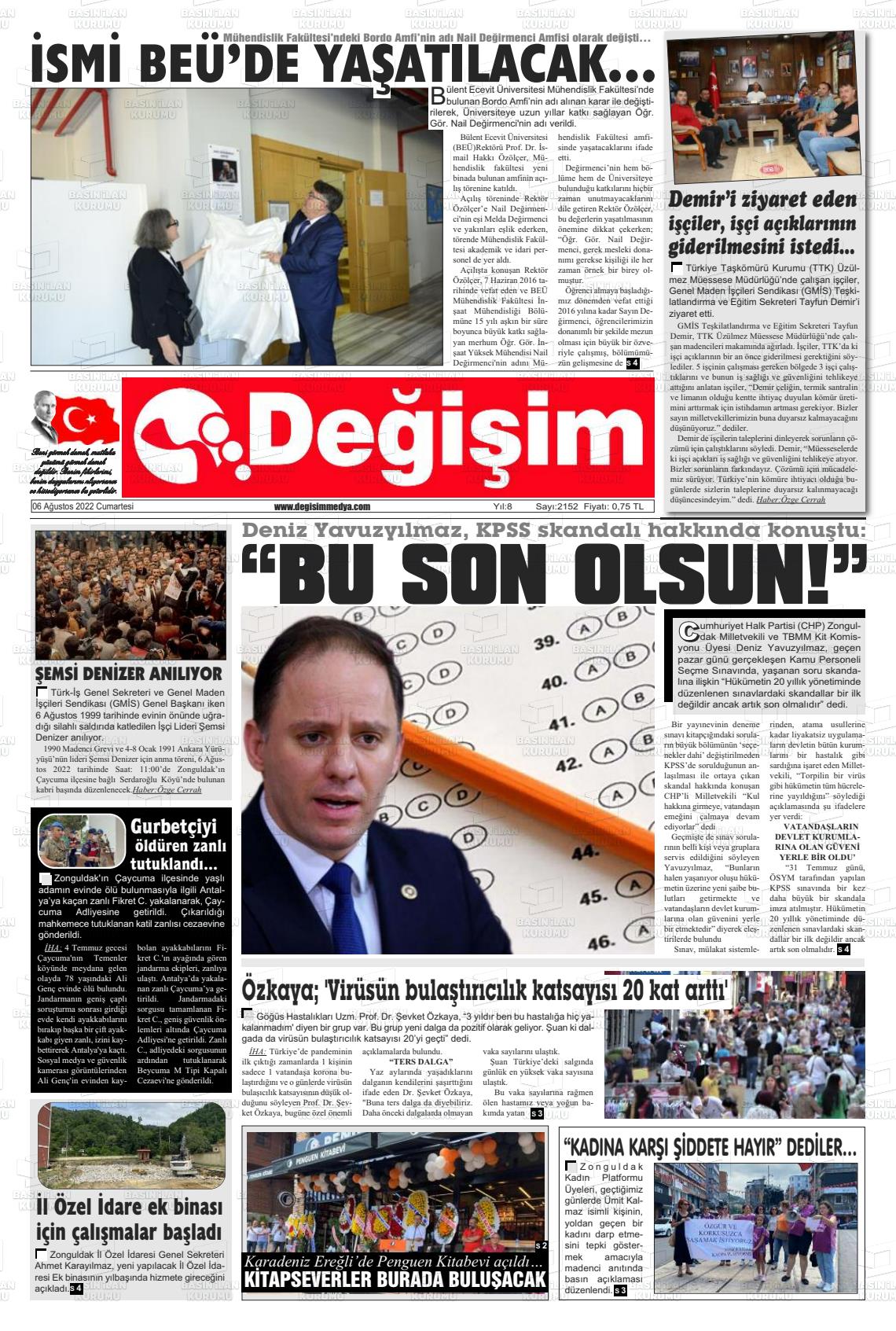 06 Ağustos 2022 Değişim Gazete Manşeti