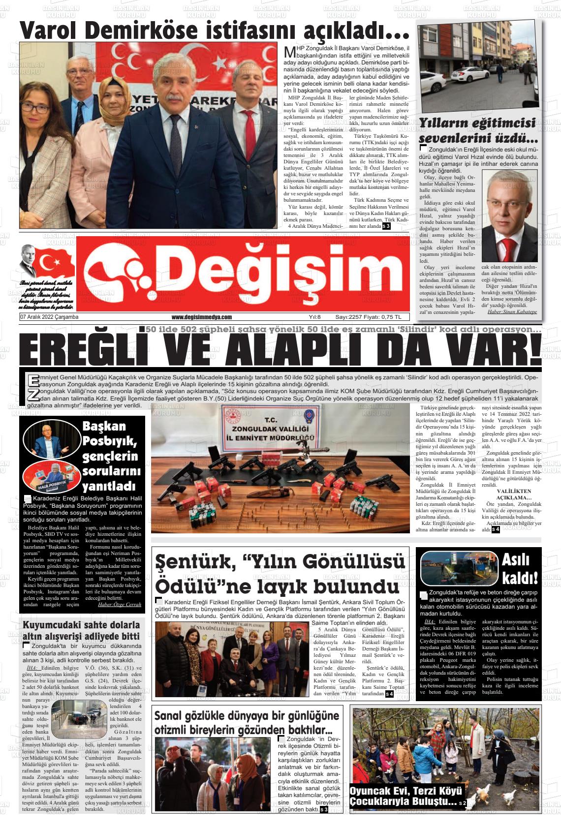 07 Aralık 2022 Değişim Gazete Manşeti