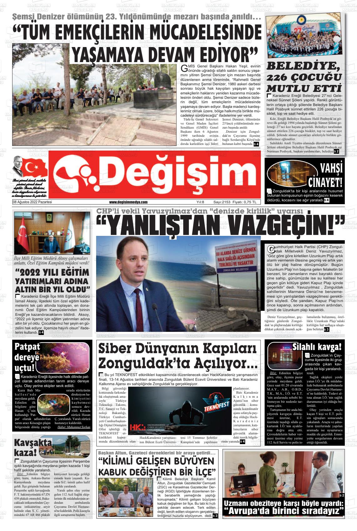 08 Ağustos 2022 Değişim Gazete Manşeti