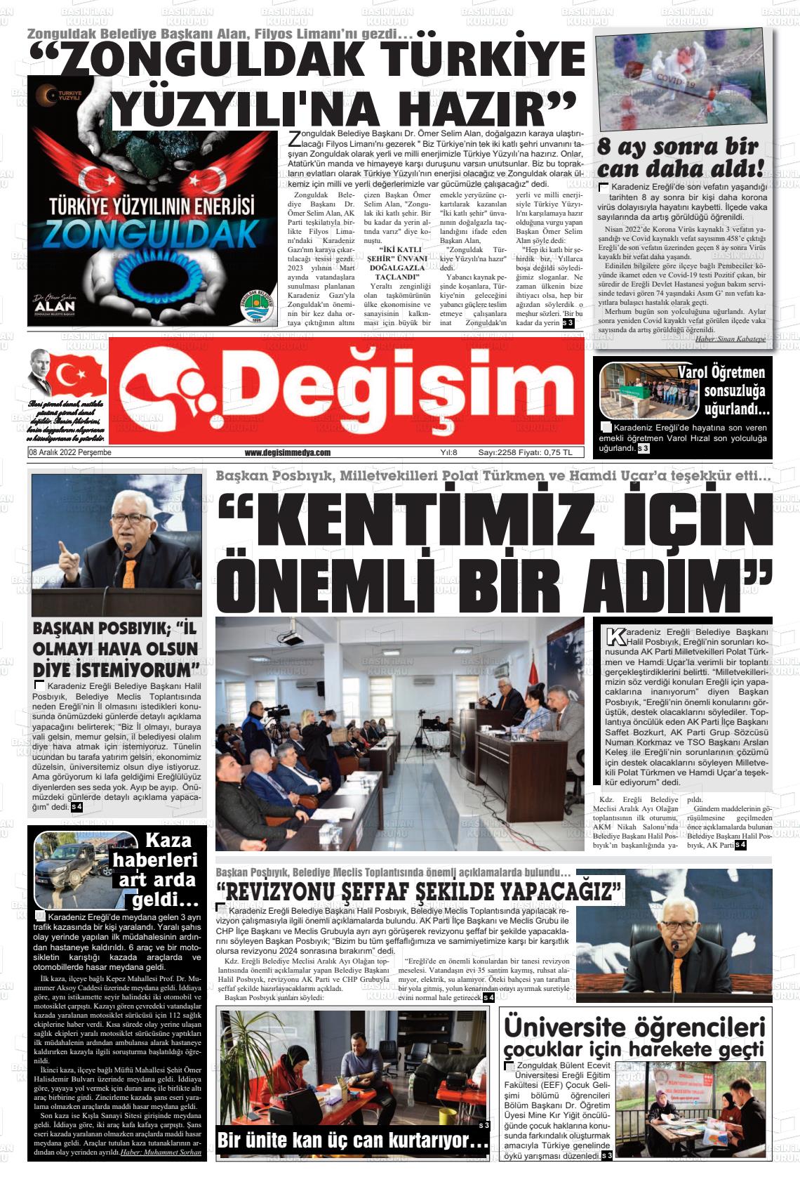 08 Aralık 2022 Değişim Gazete Manşeti