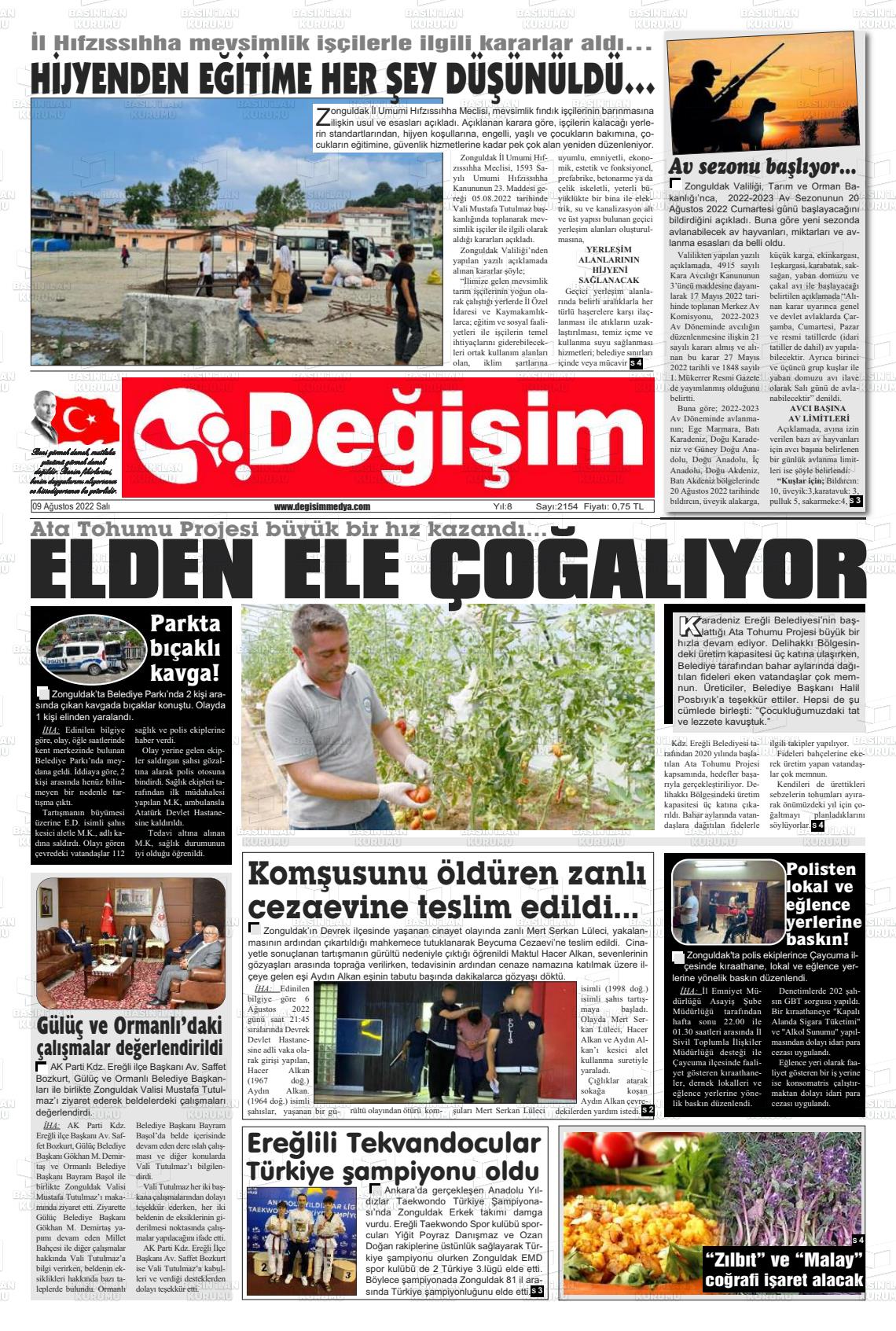 09 Ağustos 2022 Değişim Gazete Manşeti