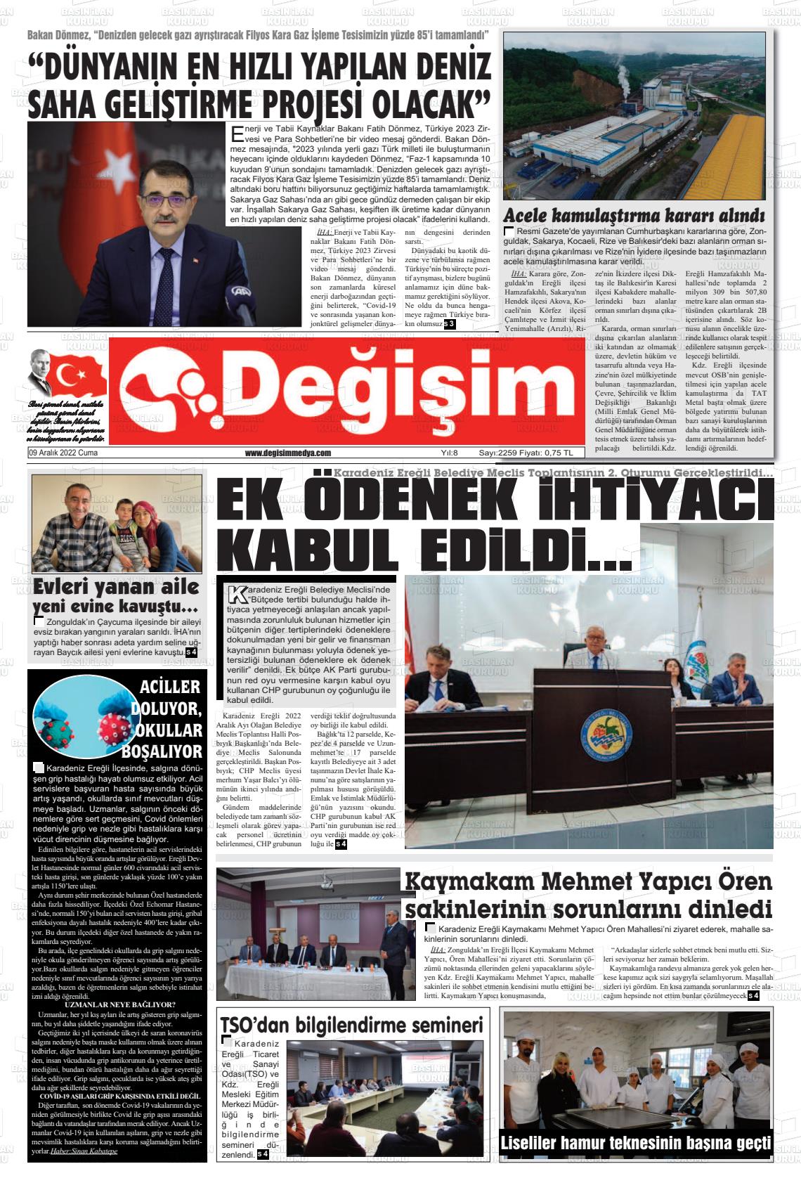 09 Aralık 2022 Değişim Gazete Manşeti