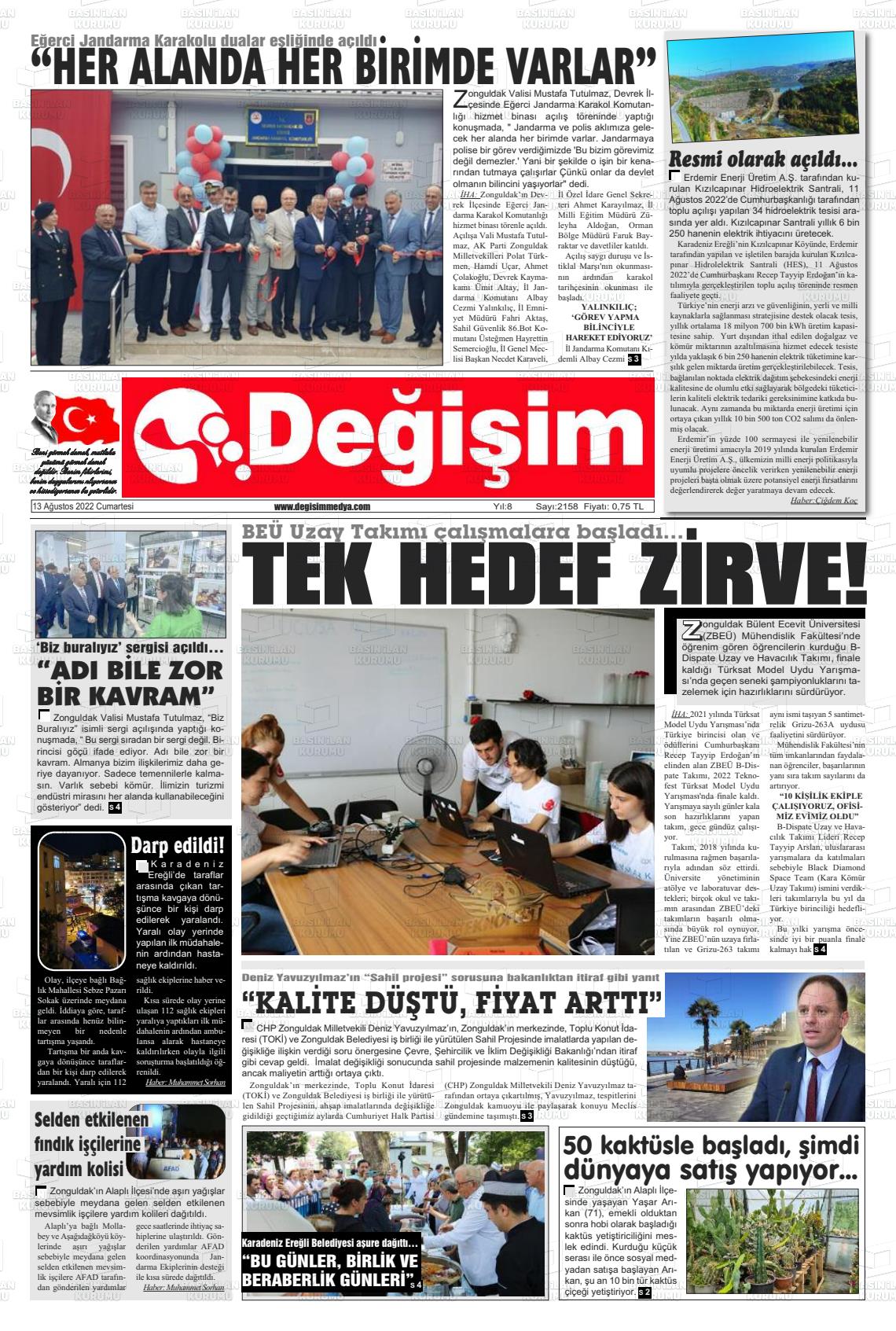 13 Ağustos 2022 Değişim Gazete Manşeti
