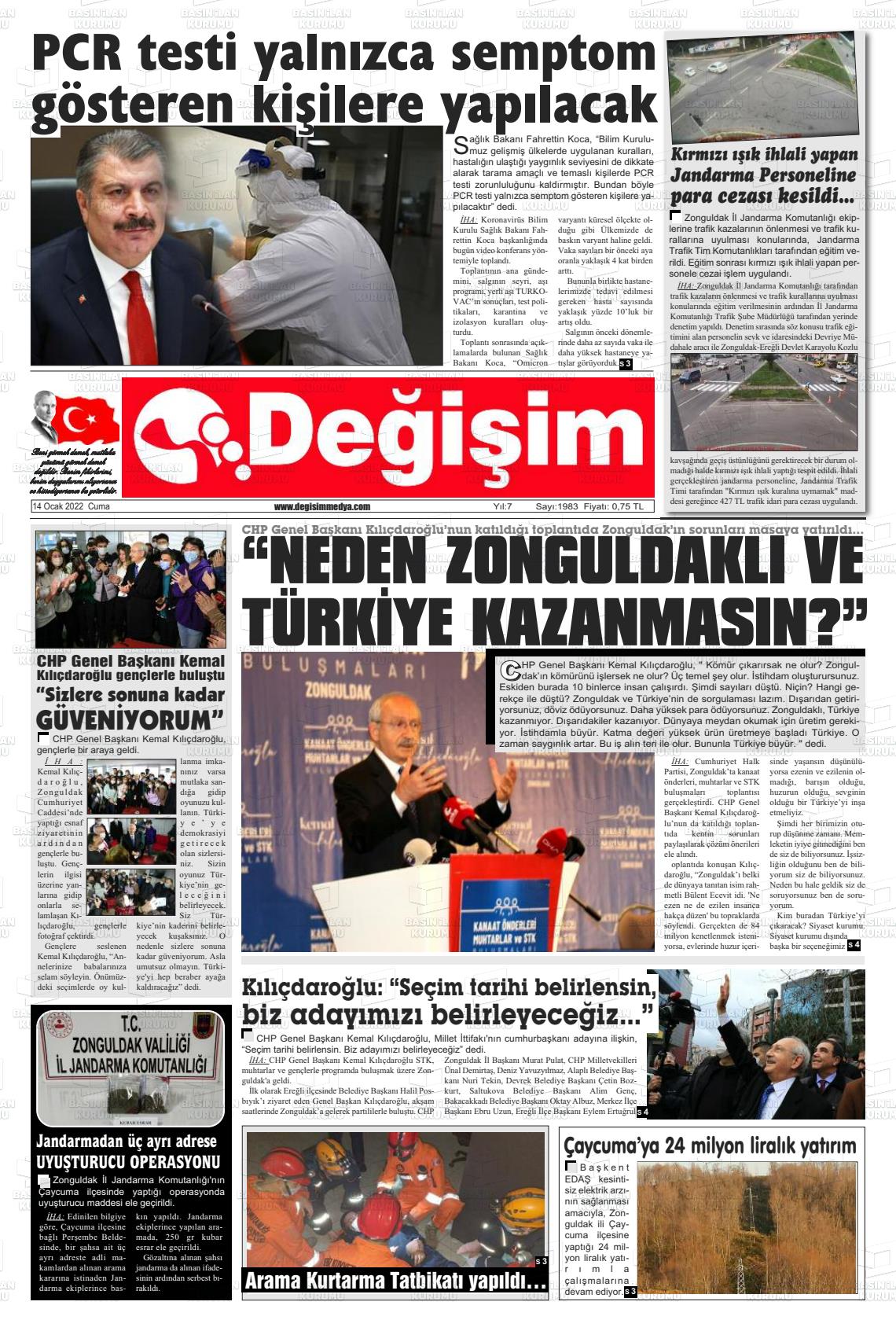 14 Ocak 2022 Değişim Gazete Manşeti