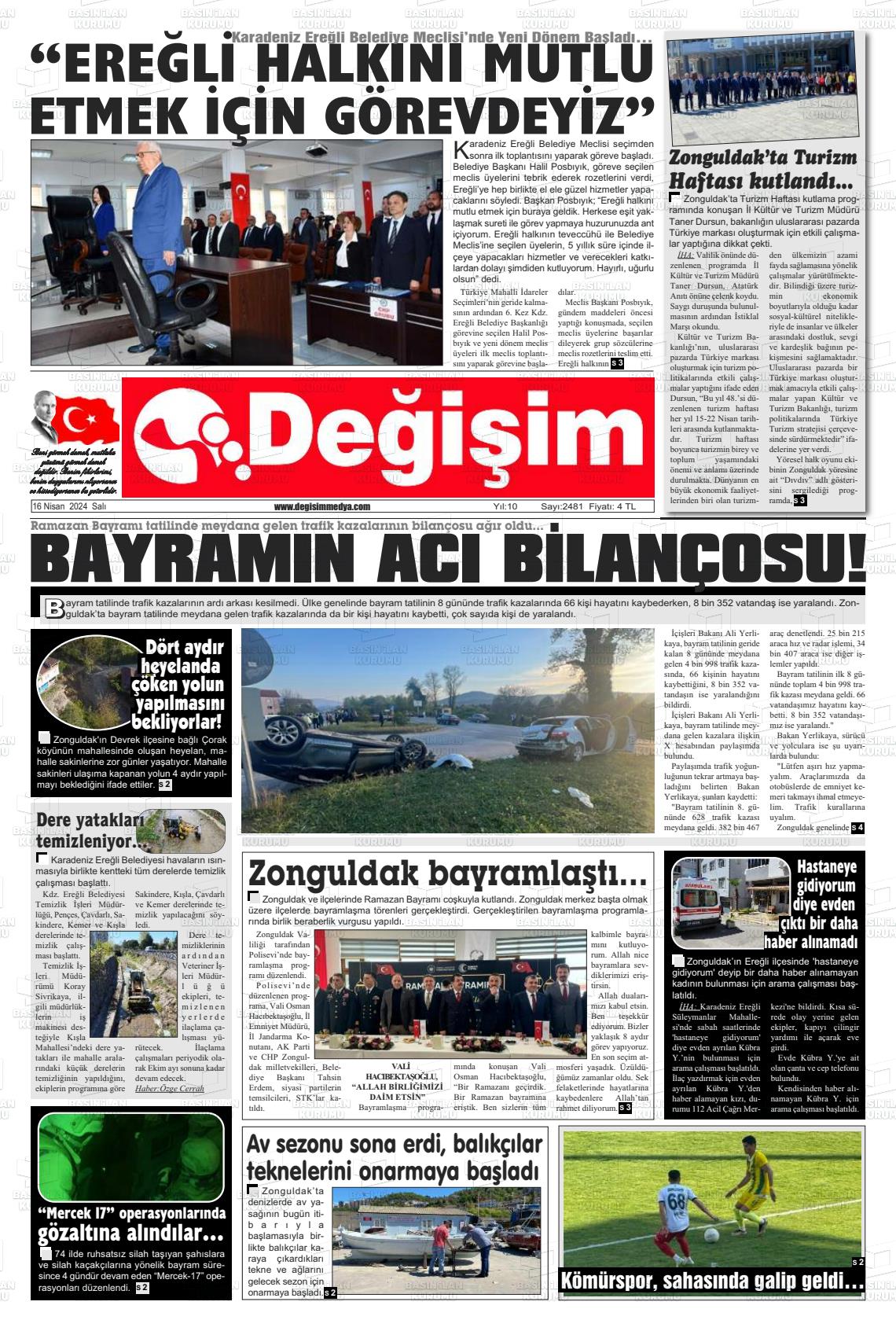 18 Nisan 2024 Değişim Gazete Manşeti