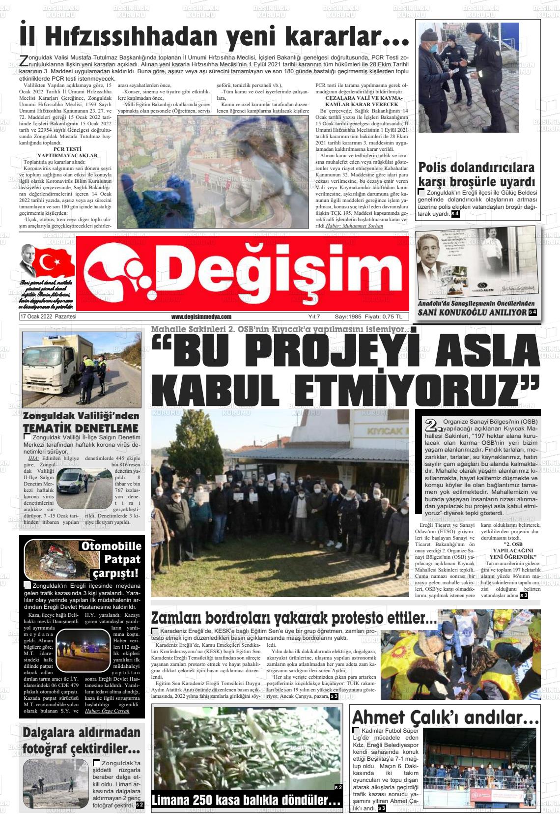 17 Ocak 2022 Değişim Gazete Manşeti