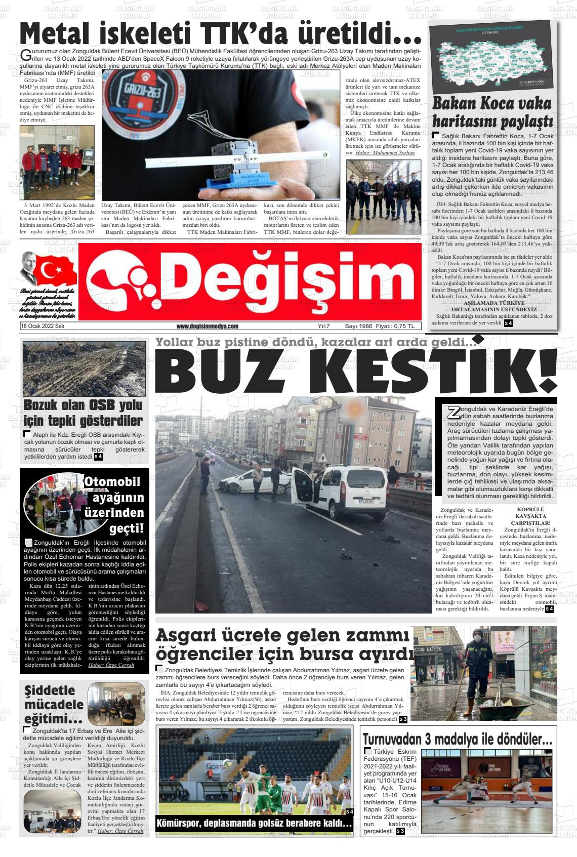 18 Ocak 2022 Değişim Gazete Manşeti