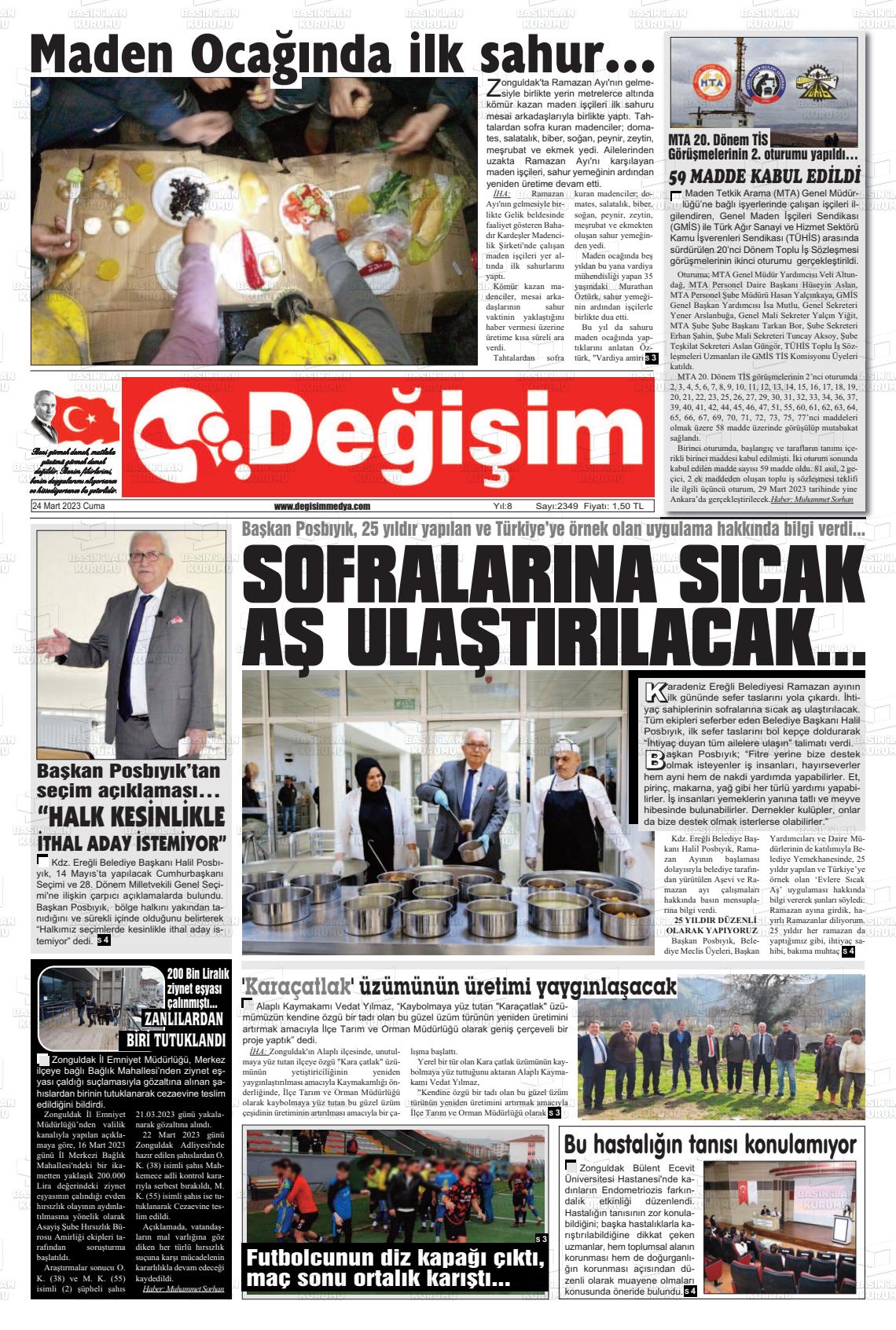 24 Mart 2023 Değişim Gazete Manşeti