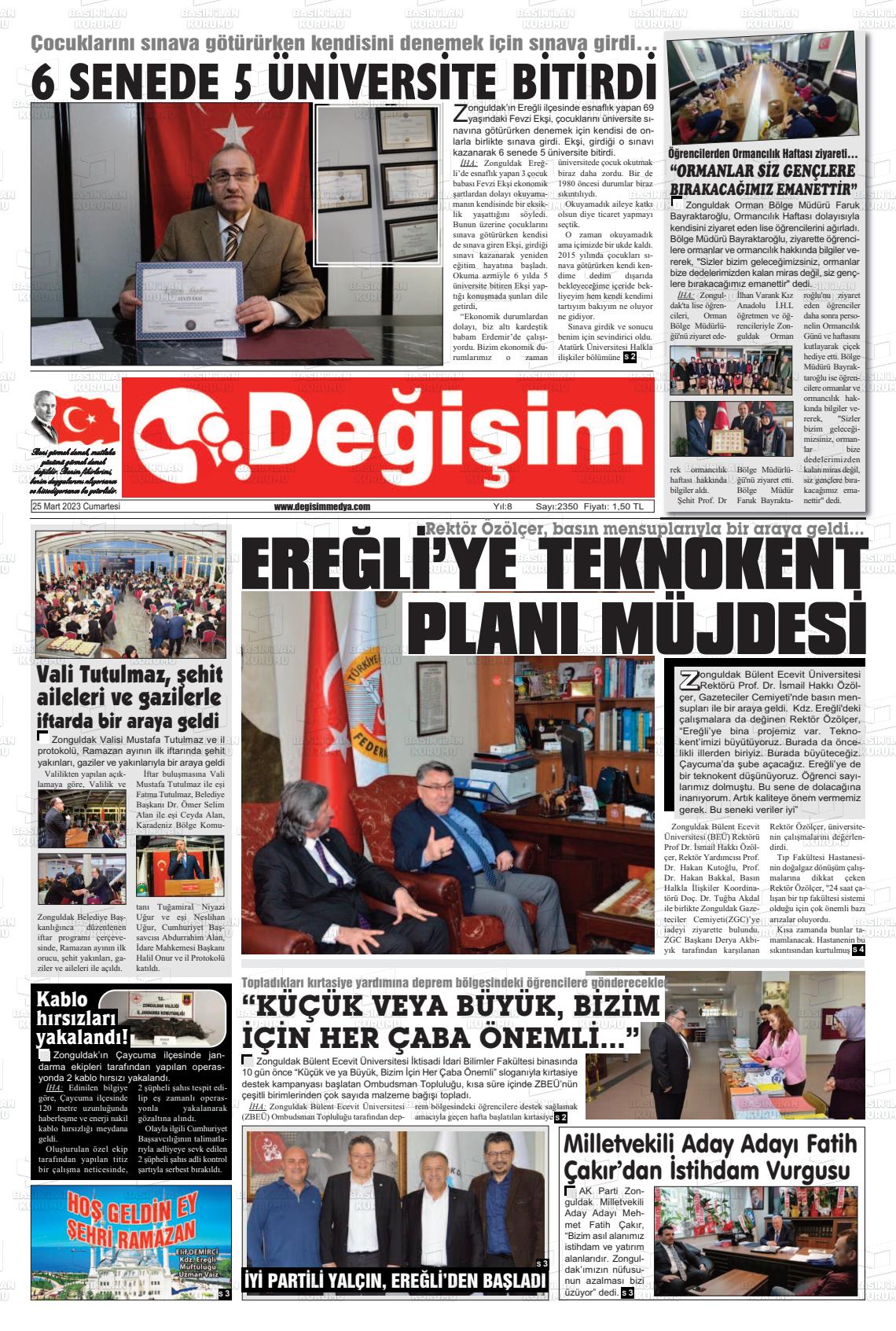 25 Mart 2023 Değişim Gazete Manşeti