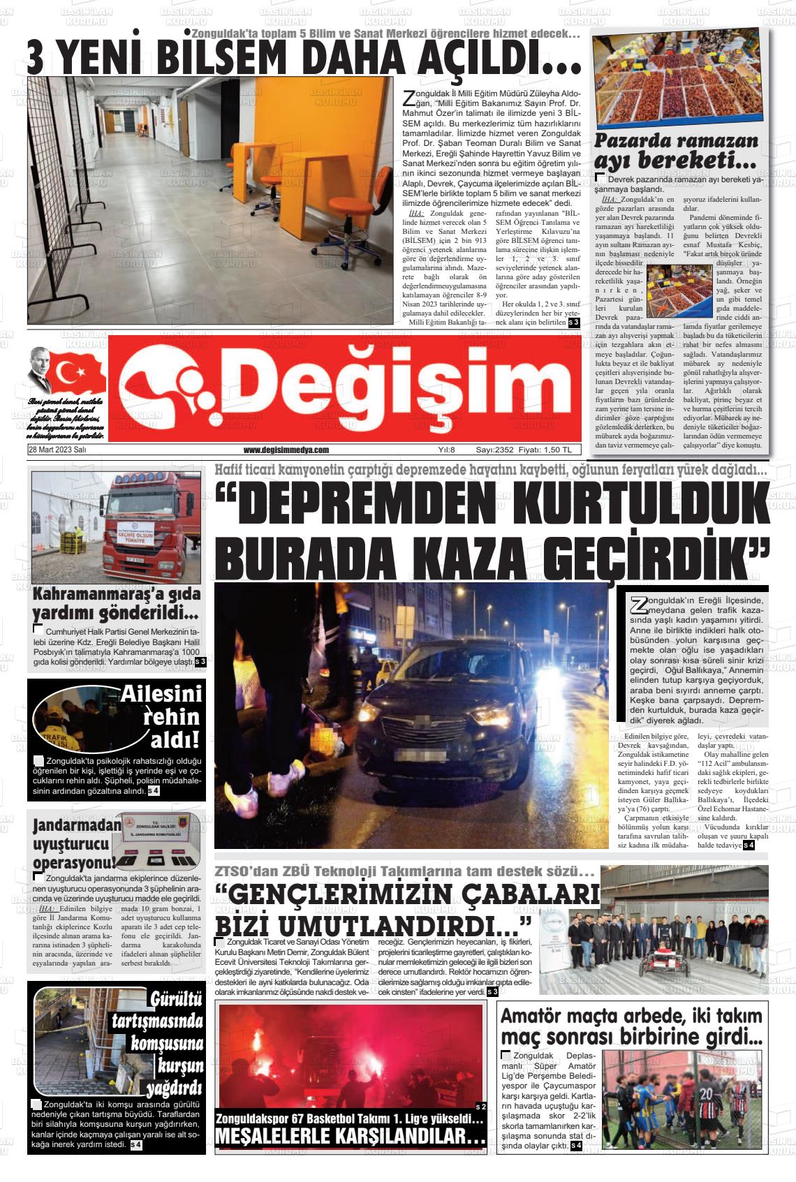 28 Mart 2023 Değişim Gazete Manşeti