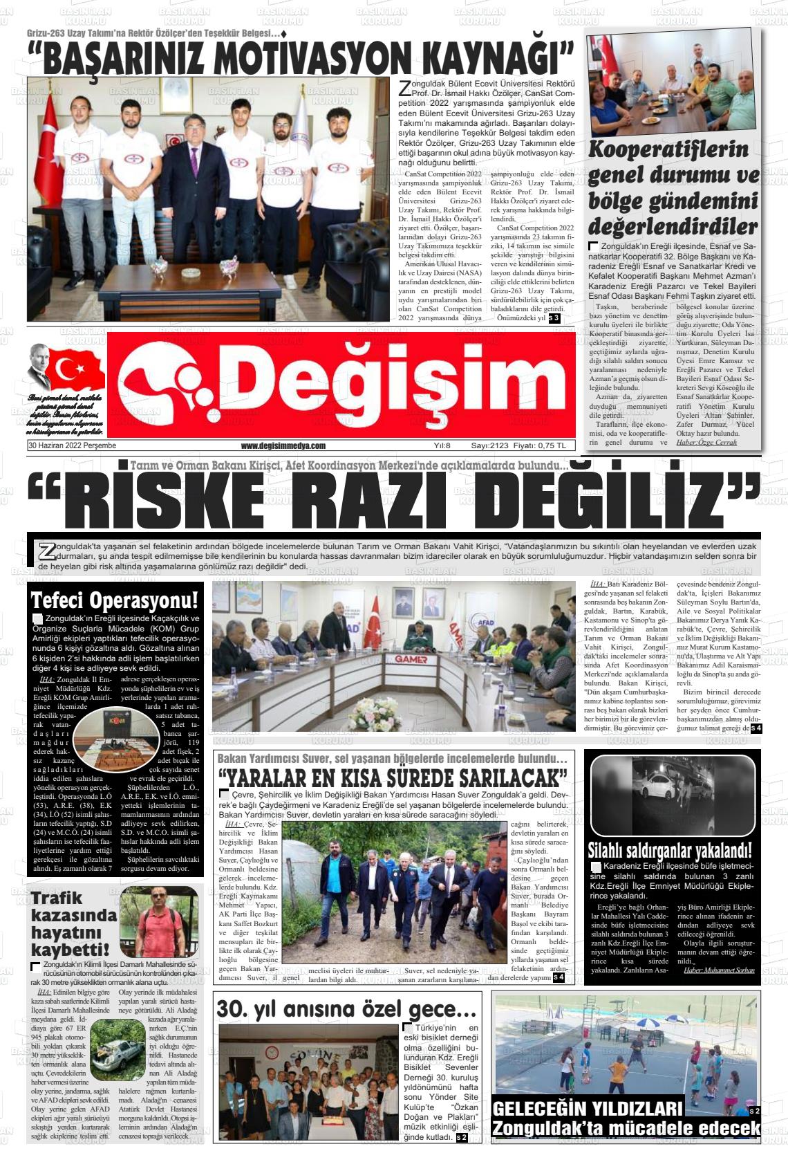 30 Haziran 2022 Değişim Gazete Manşeti