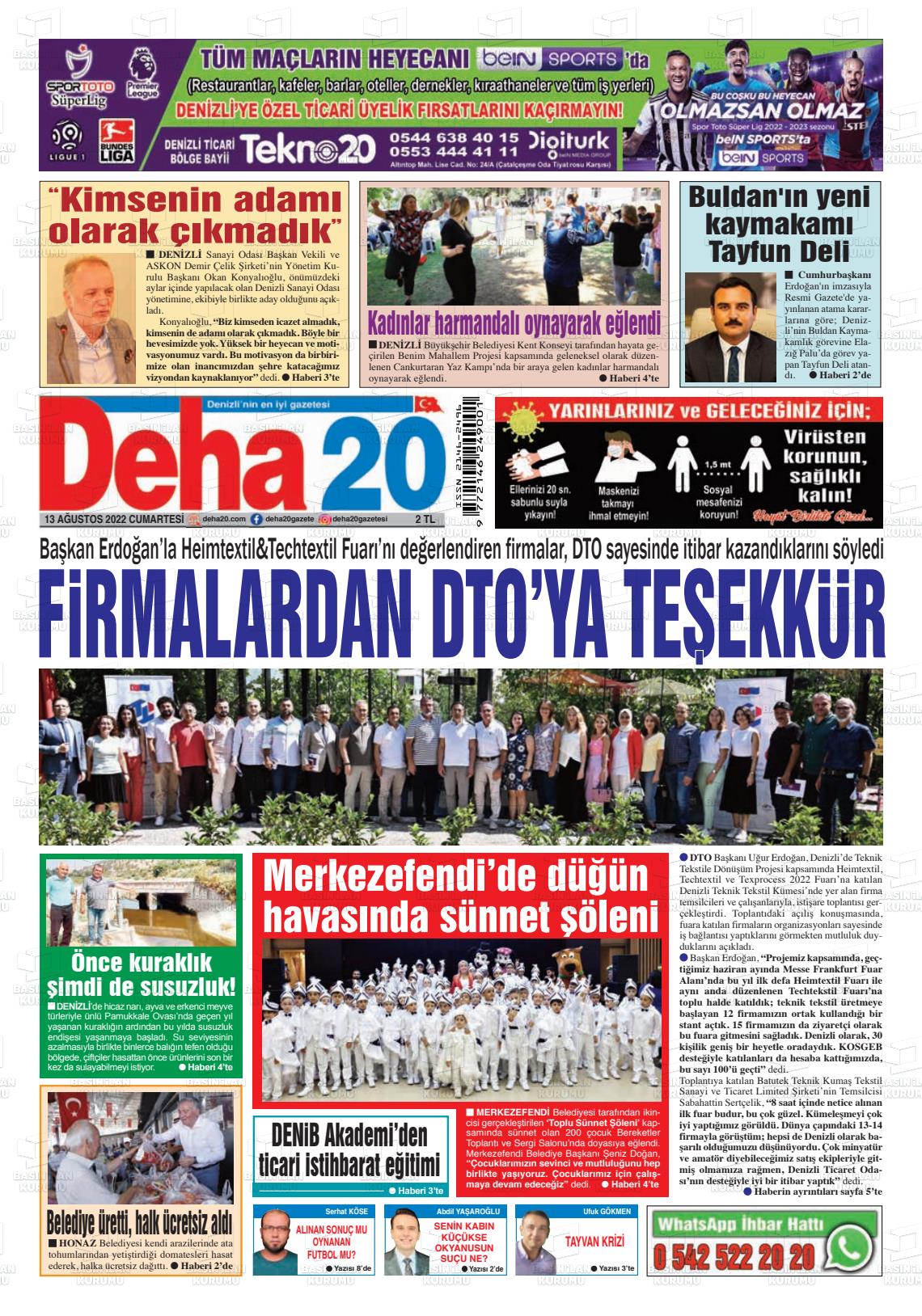 13 Ağustos 2022 Deha 20 Gazete Manşeti