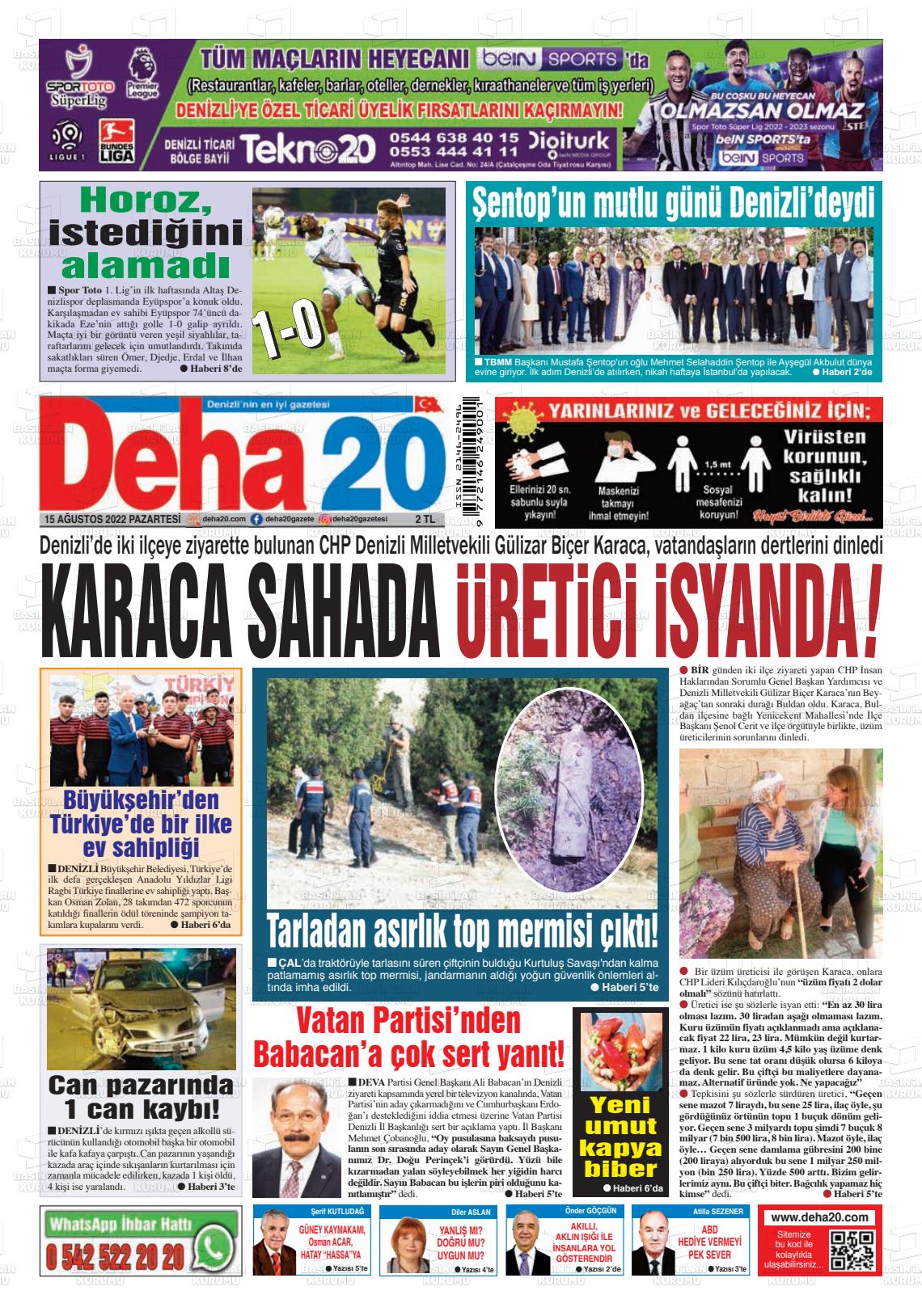 15 Ağustos 2022 Deha 20 Gazete Manşeti