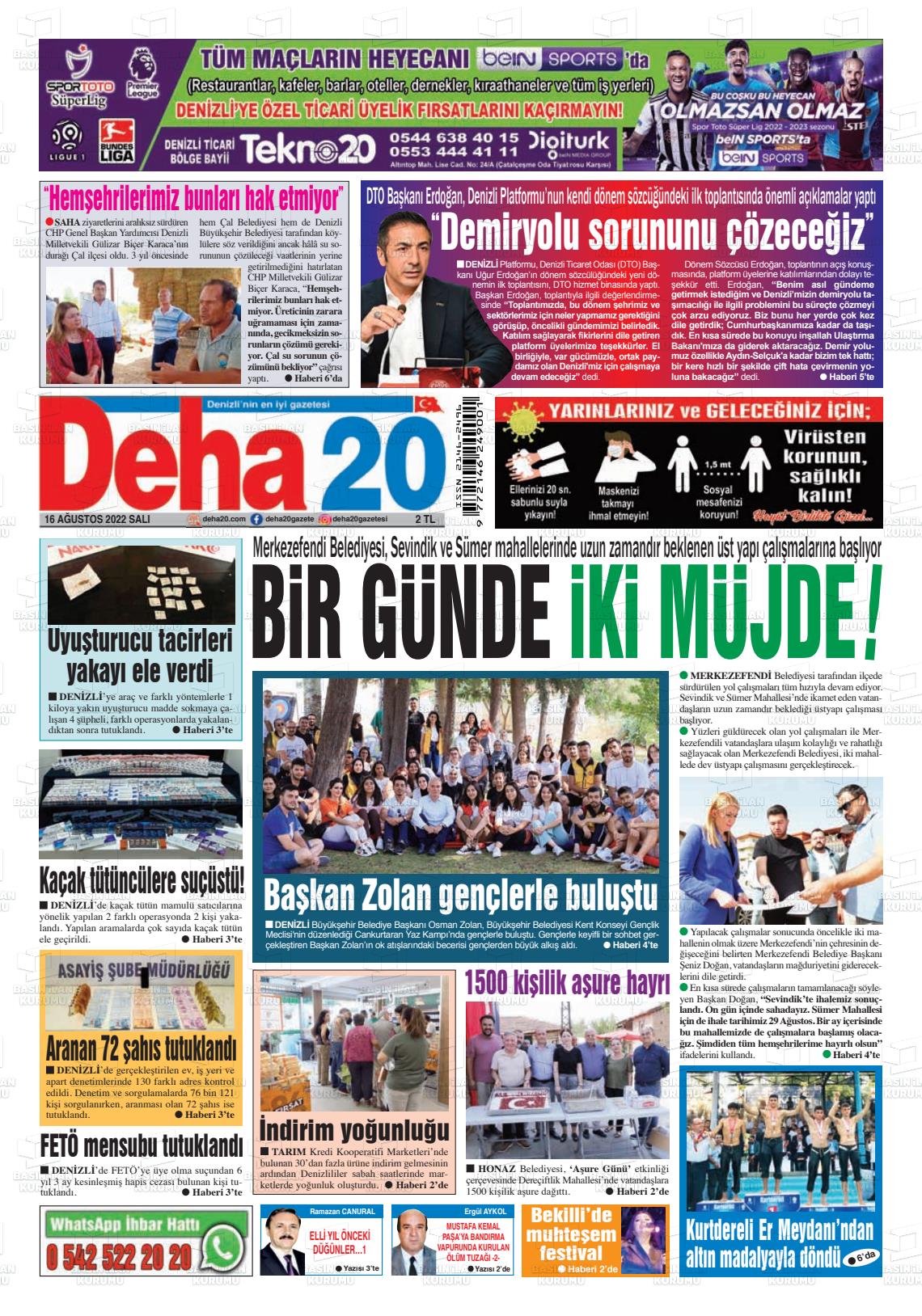 16 Ağustos 2022 Deha 20 Gazete Manşeti