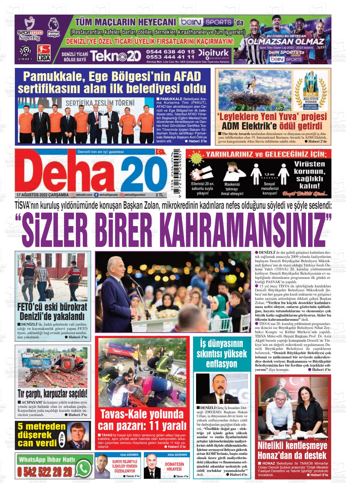 17 Ağustos 2022 Deha 20 Gazete Manşeti