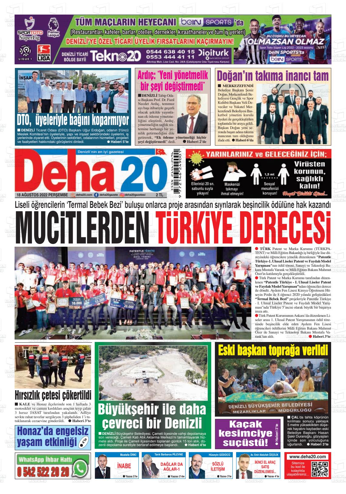 18 Ağustos 2022 Deha 20 Gazete Manşeti