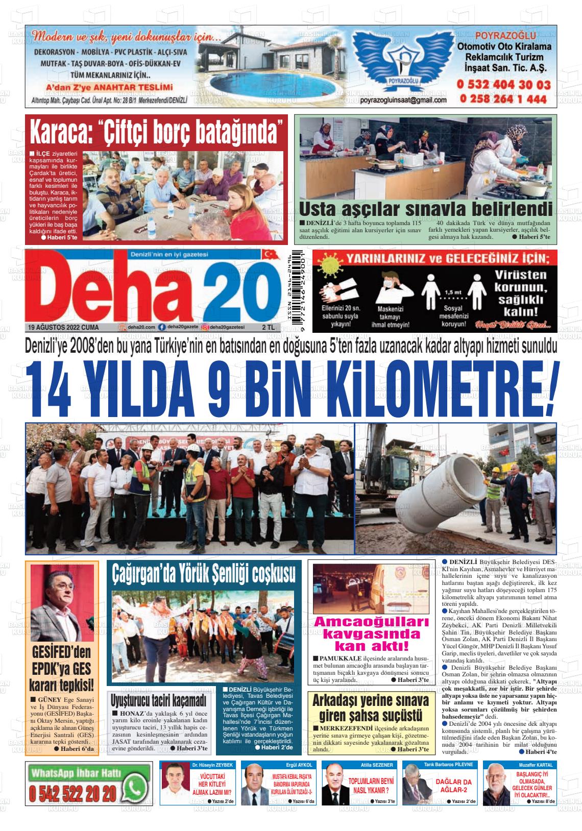 19 Ağustos 2022 Deha 20 Gazete Manşeti