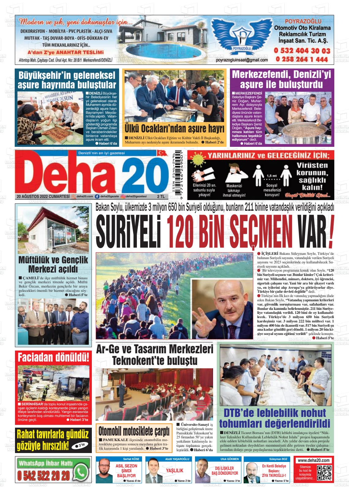20 Ağustos 2022 Deha 20 Gazete Manşeti