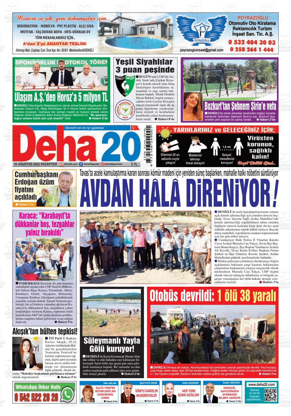 22 Ağustos 2022 Deha 20 Gazete Manşeti
