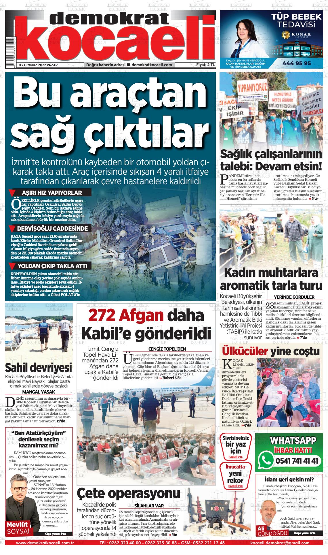 03 Temmuz 2022 Demokrat Kocaeli Gazete Manşeti
