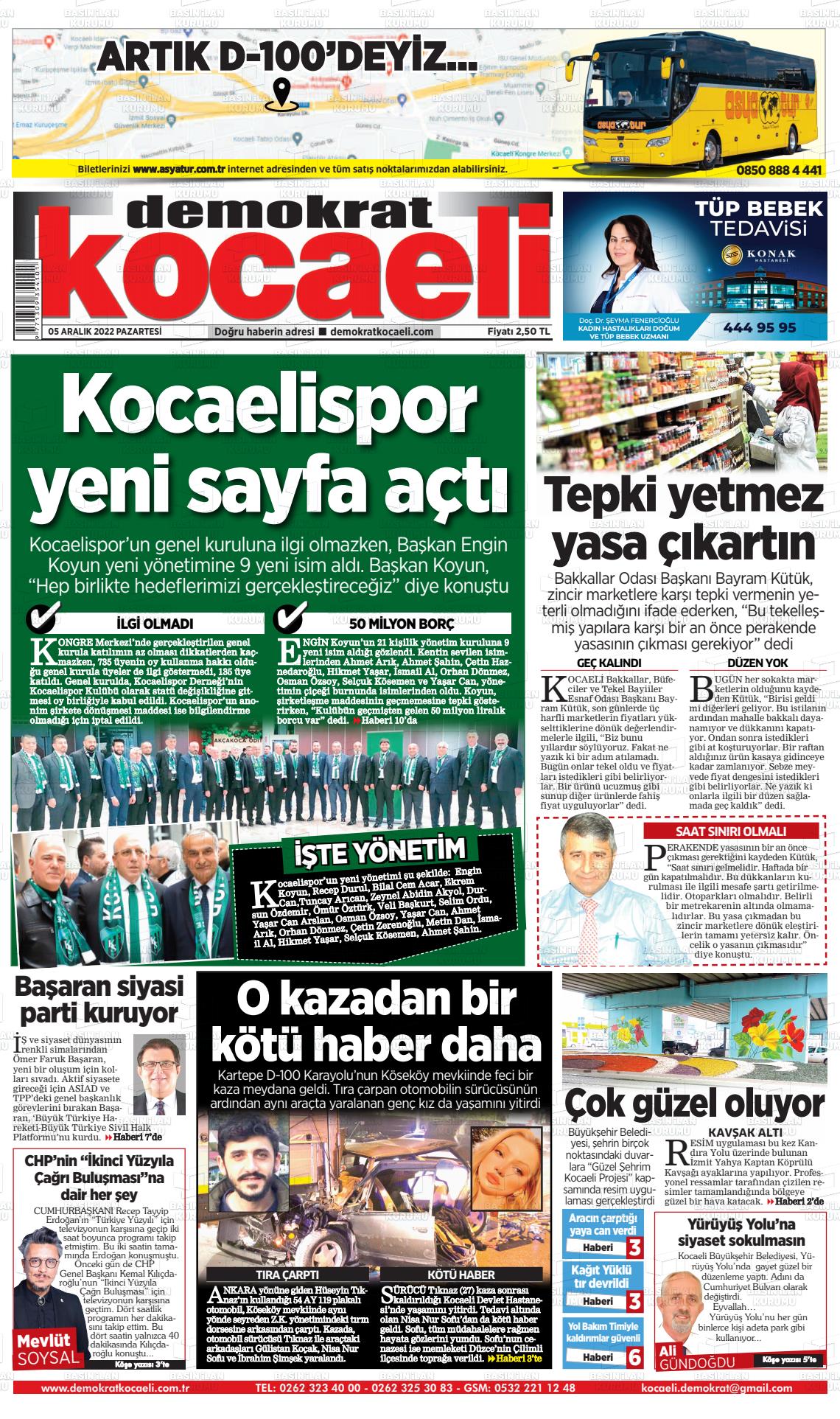 05 Aralık 2022 Demokrat Kocaeli Gazete Manşeti