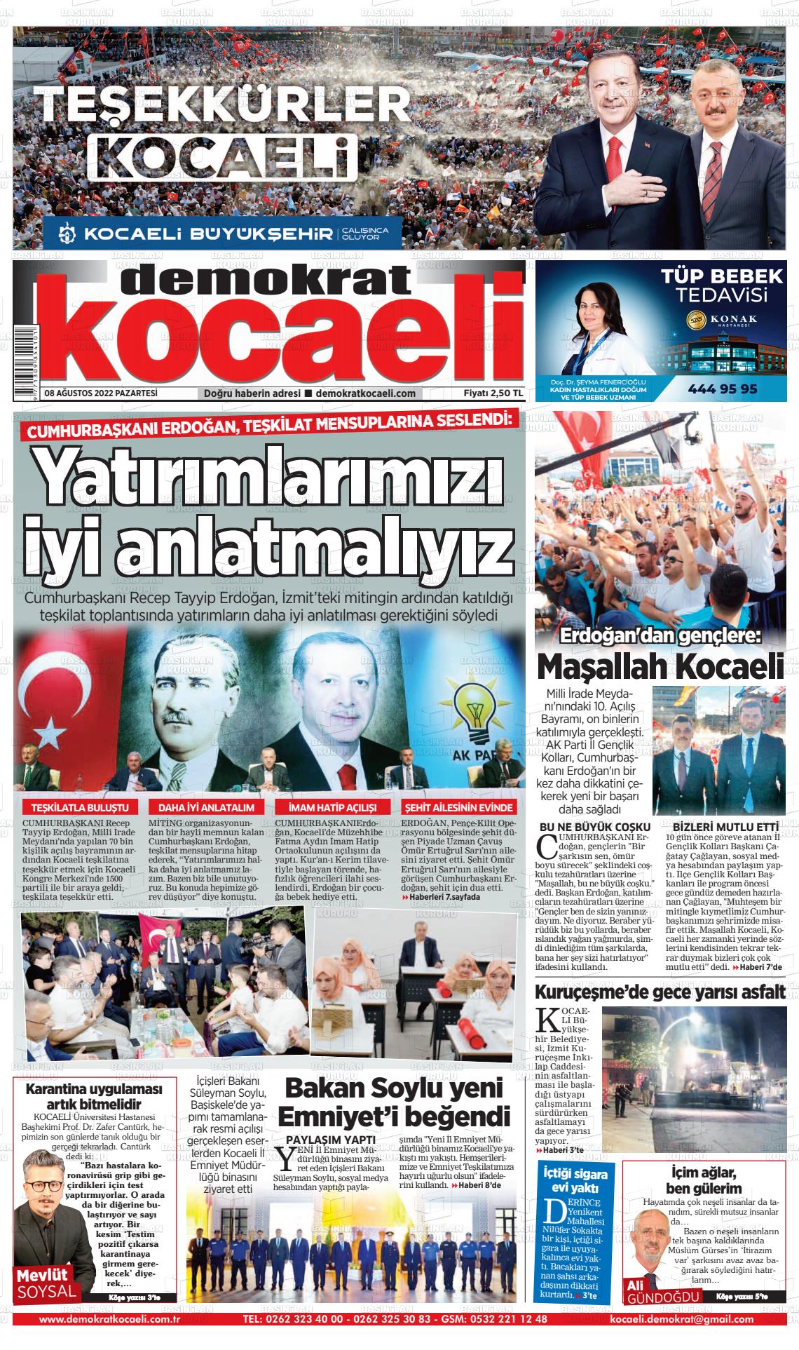08 Ağustos 2022 Demokrat Kocaeli Gazete Manşeti