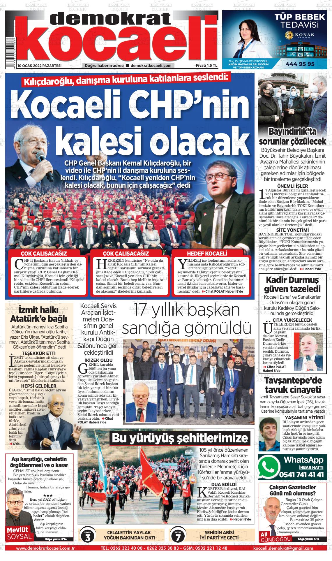10 Ocak 2022 Demokrat Kocaeli Gazete Manşeti