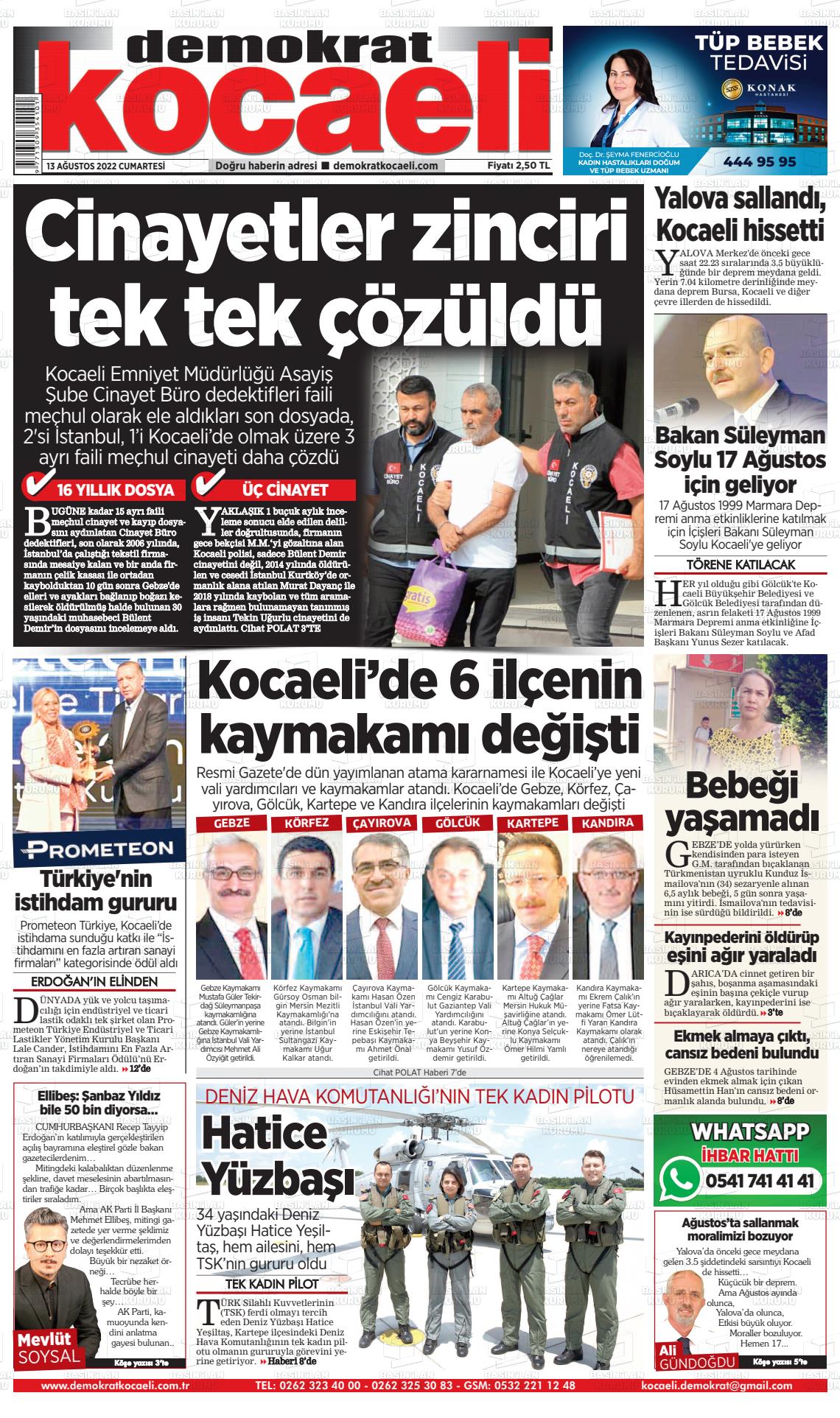 13 Ağustos 2022 Demokrat Kocaeli Gazete Manşeti
