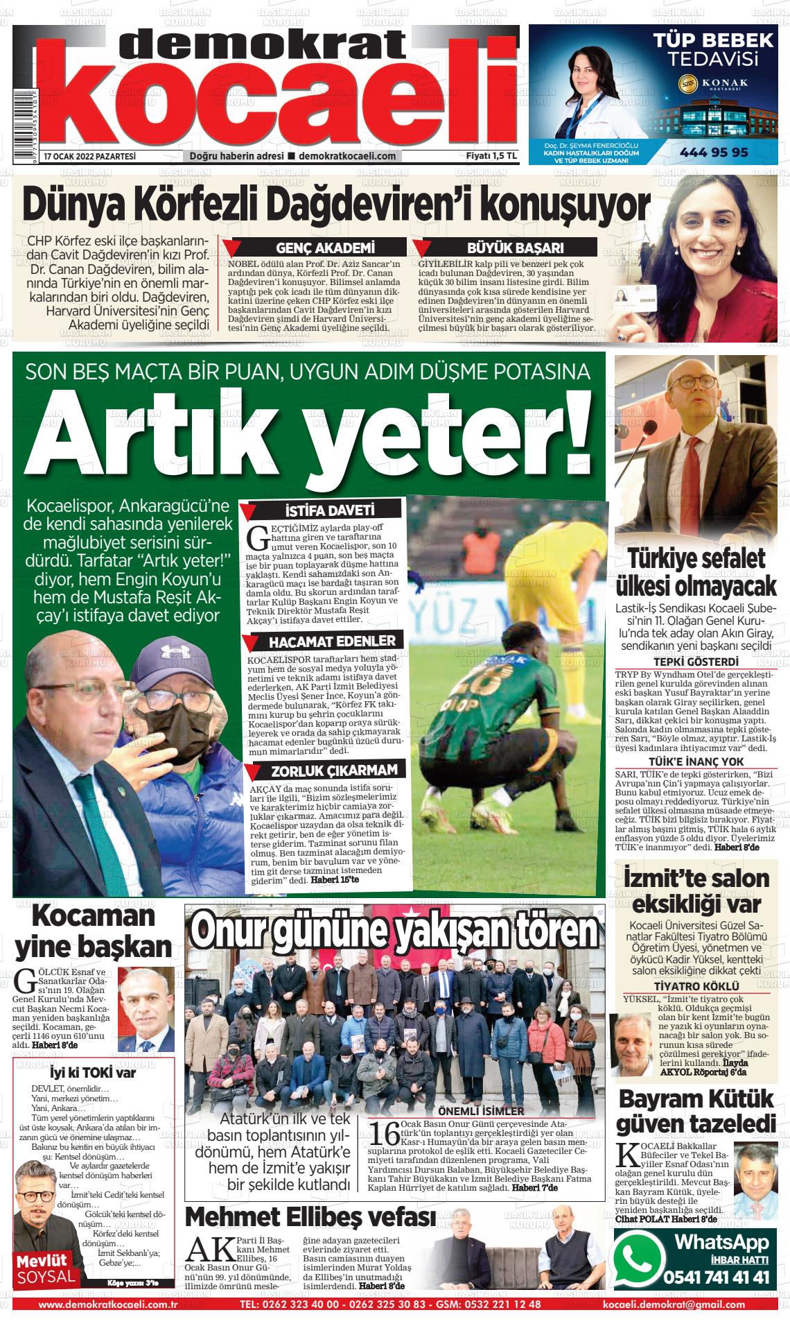 17 Ocak 2022 Demokrat Kocaeli Gazete Manşeti