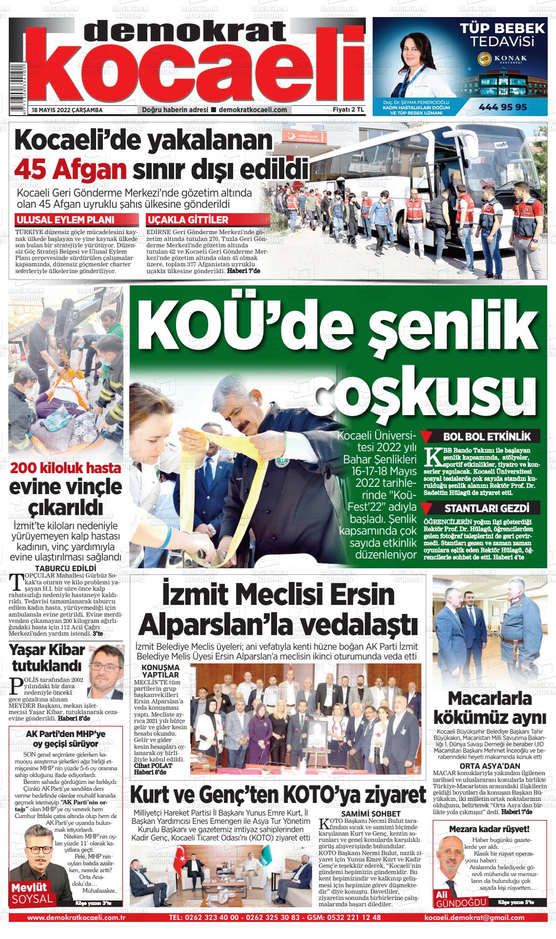 18 Mayıs 2022 Demokrat Kocaeli Gazete Manşeti