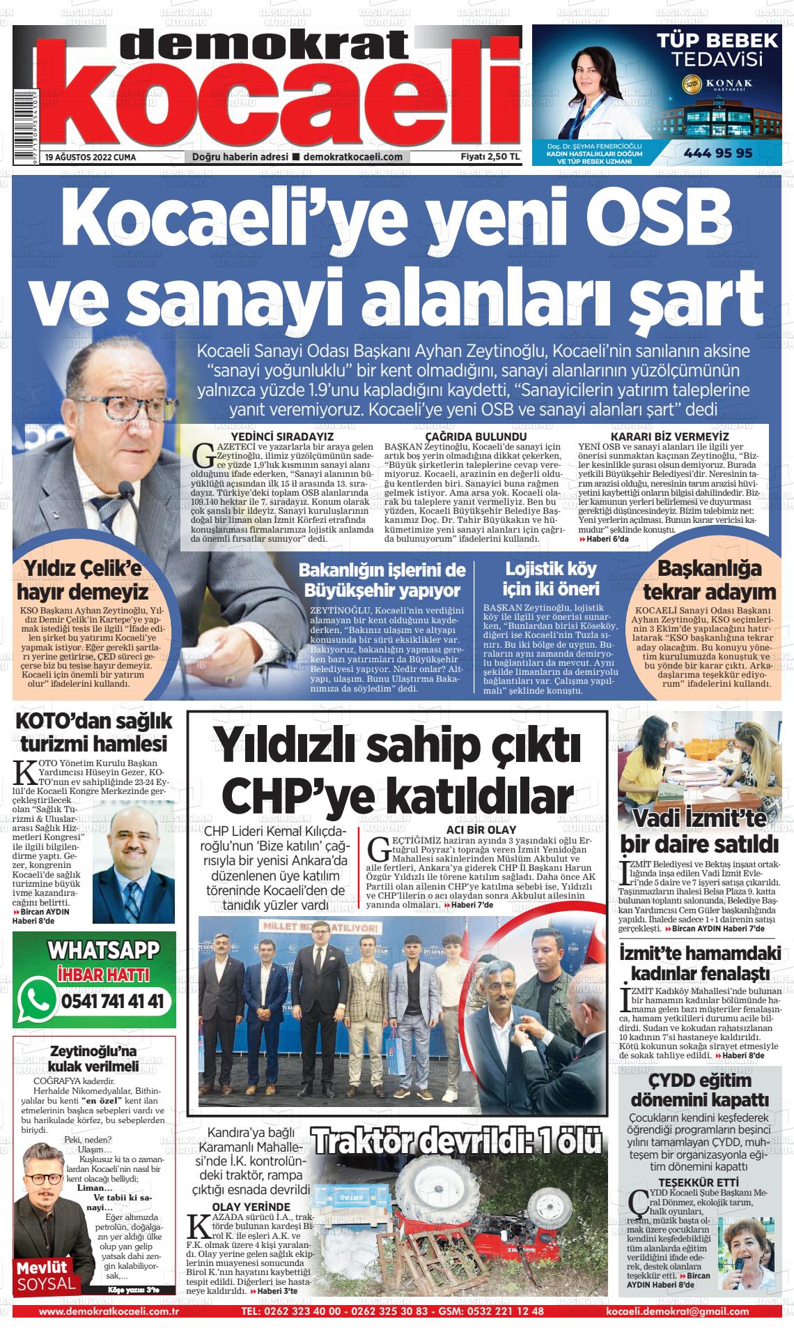 19 Ağustos 2022 Demokrat Kocaeli Gazete Manşeti