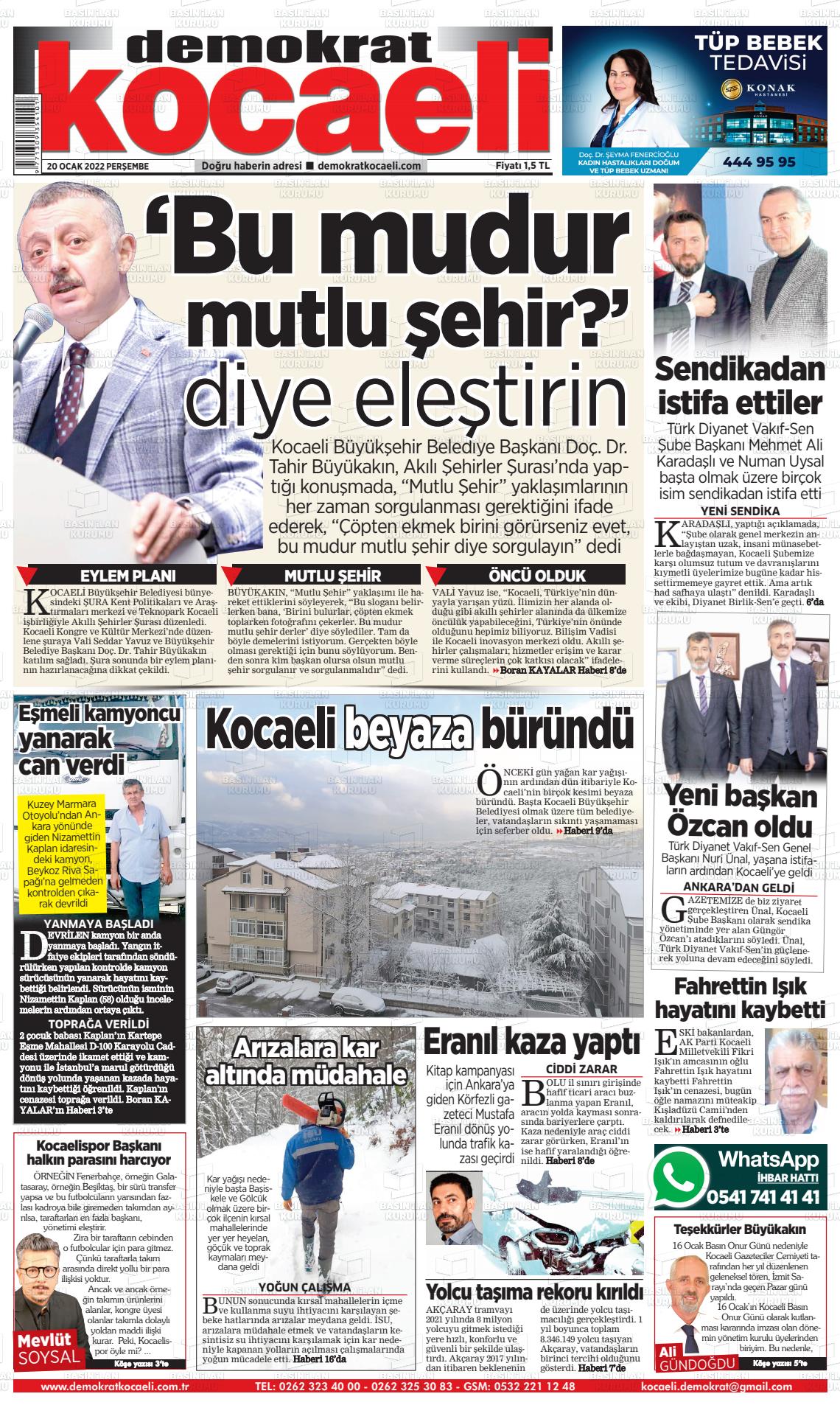 20 Ocak 2022 Demokrat Kocaeli Gazete Manşeti