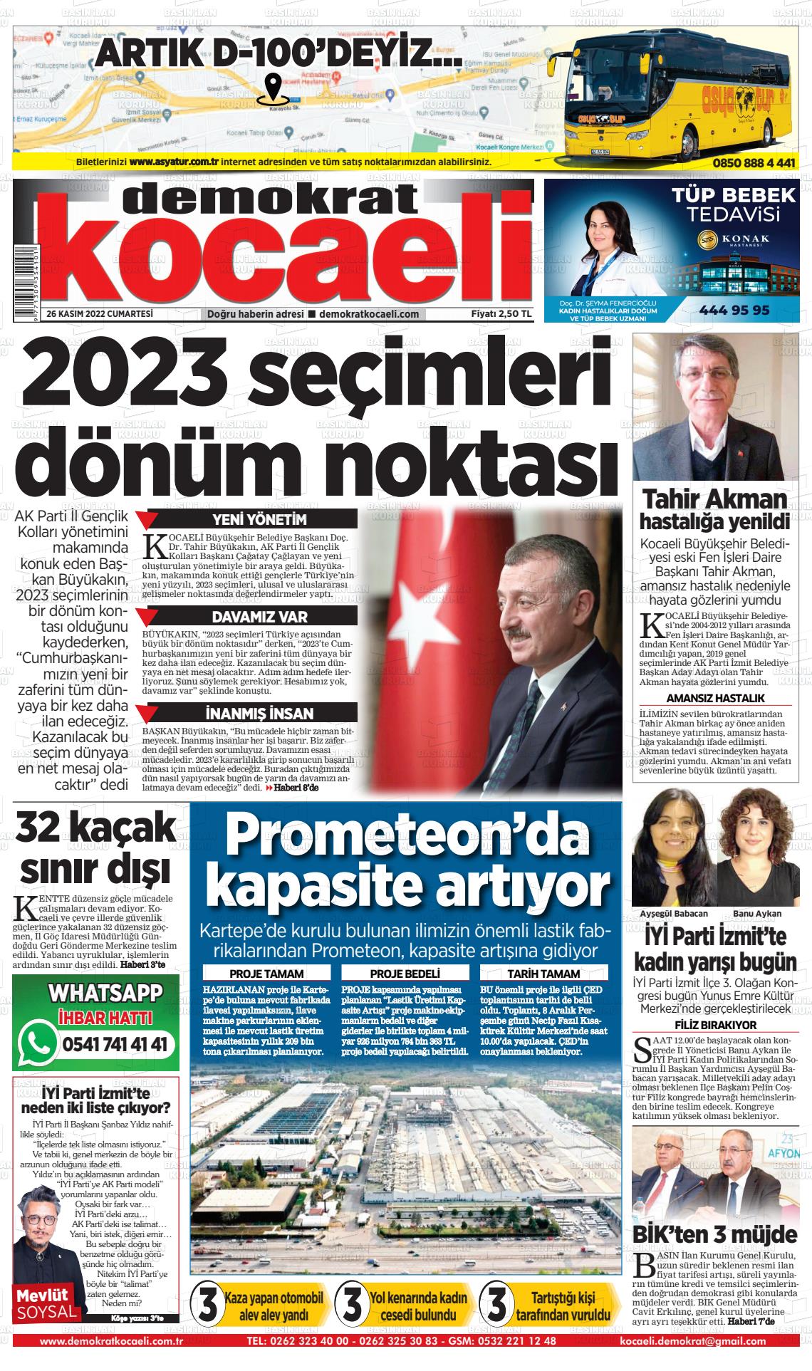 26 Kasım 2022 Demokrat Kocaeli Gazete Manşeti