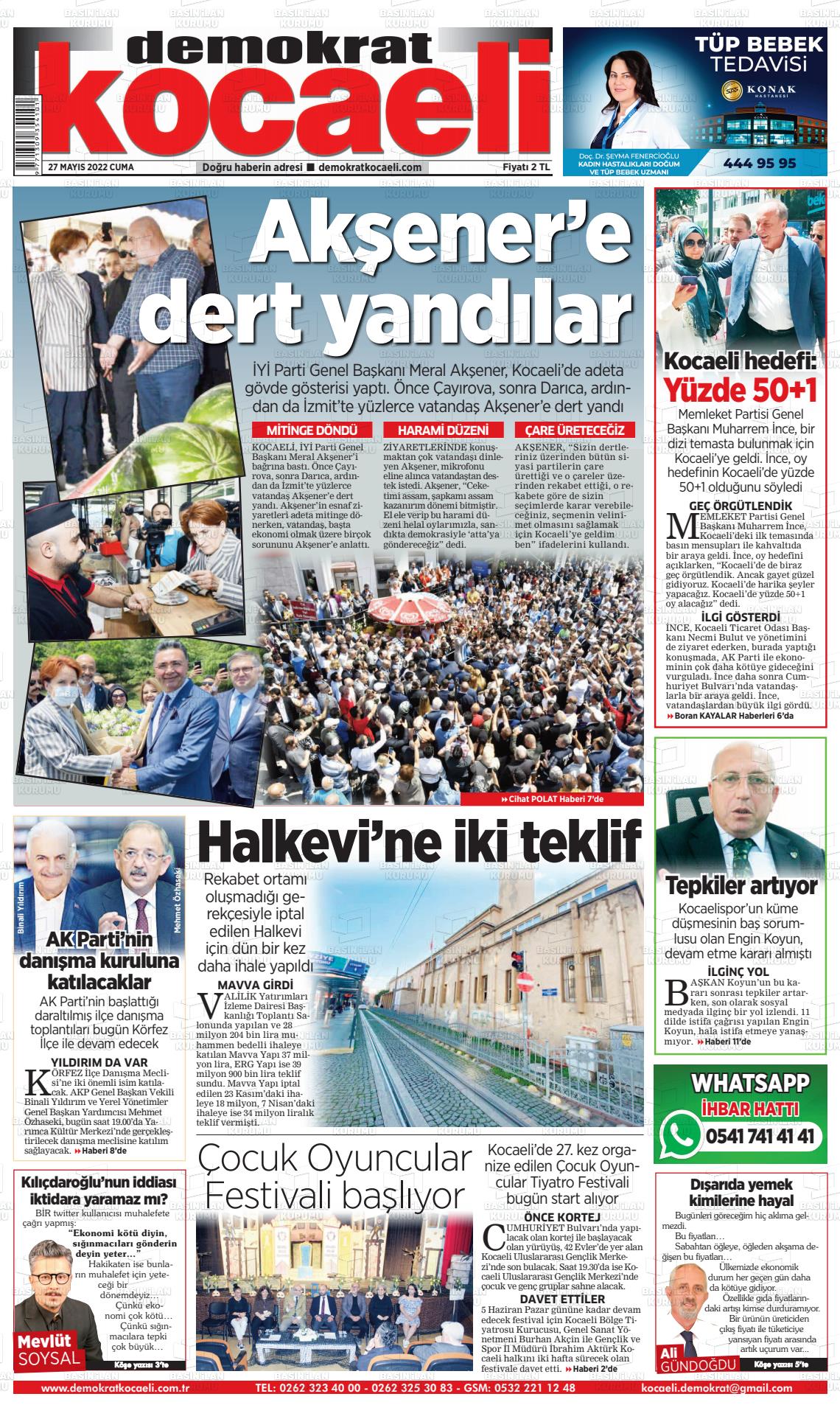 27 Mayıs 2022 Demokrat Kocaeli Gazete Manşeti