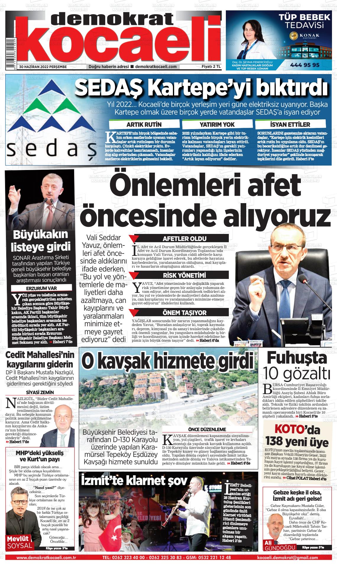 30 Haziran 2022 Demokrat Kocaeli Gazete Manşeti
