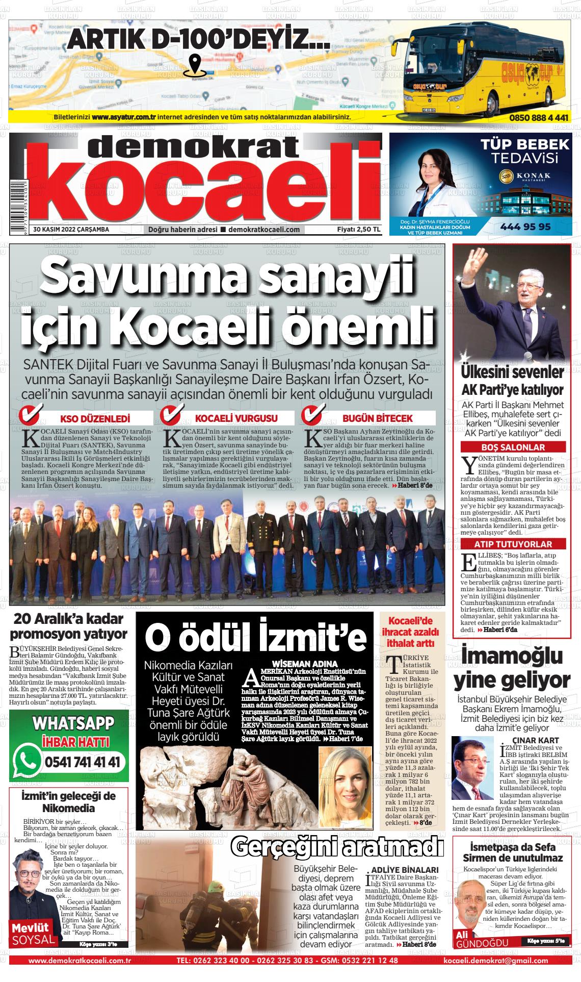 30 Kasım 2022 Demokrat Kocaeli Gazete Manşeti
