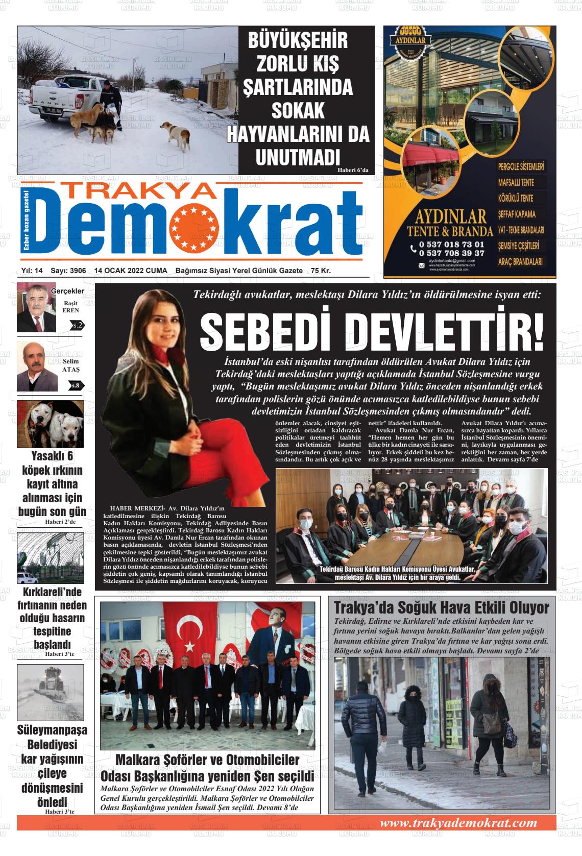 14 Ocak 2022 Demokrat Trakya Gazete Manşeti