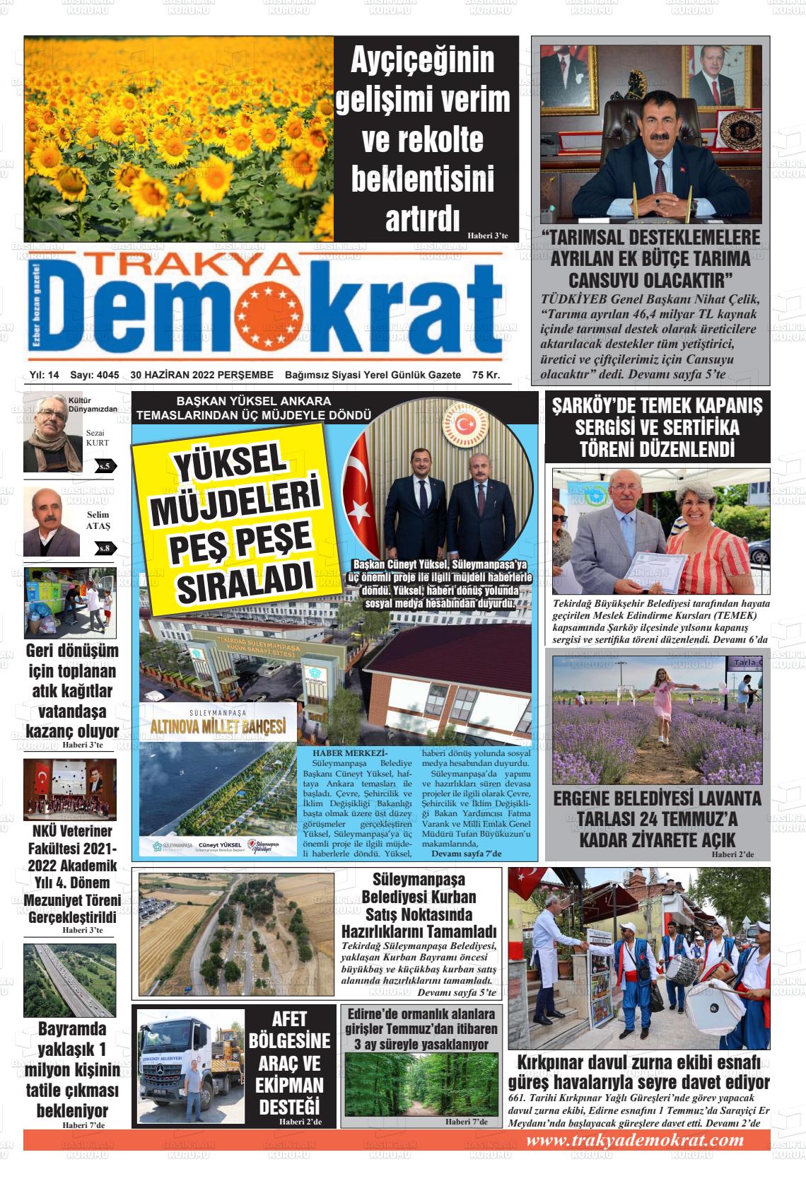 01 Temmuz 2022 Demokrat Trakya Gazete Manşeti