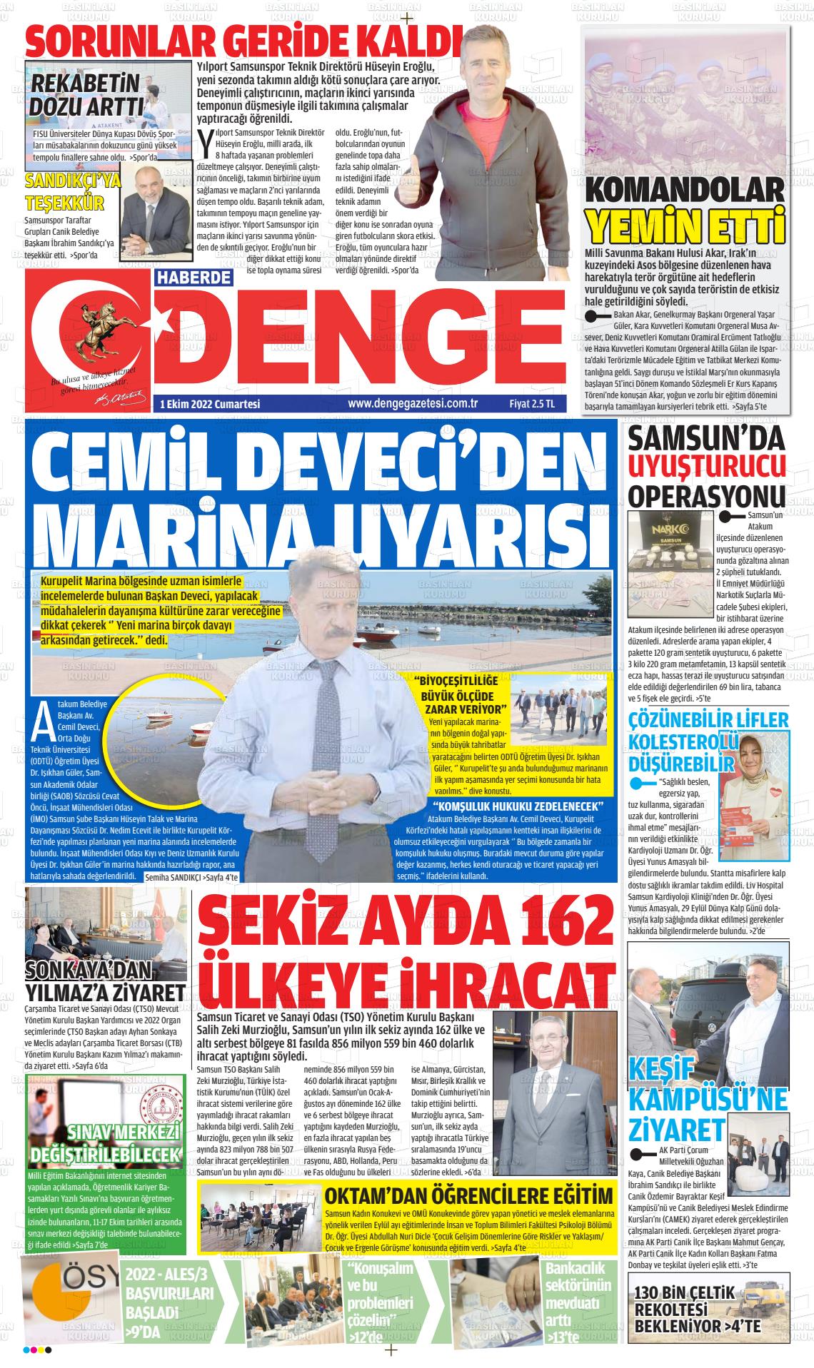 01 Ekim 2022 Samsun Denge Gazete Manşeti
