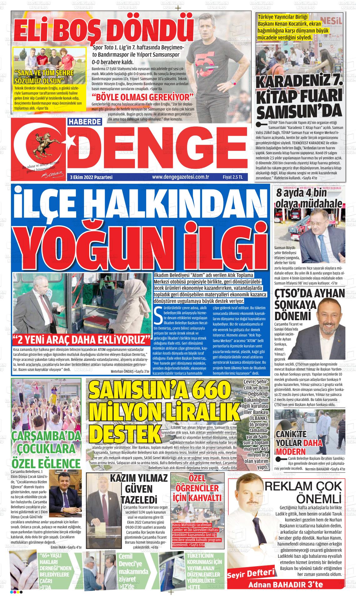 03 Ekim 2022 Samsun Denge Gazete Manşeti