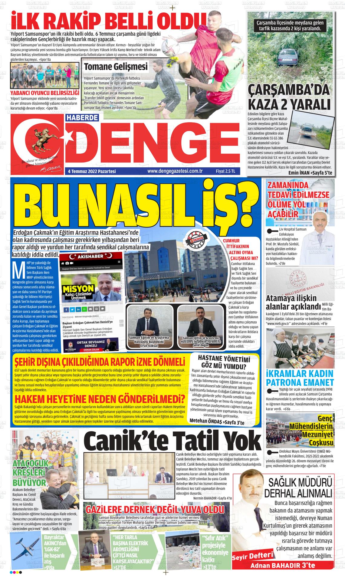 04 Temmuz 2022 Samsun Denge Gazete Manşeti