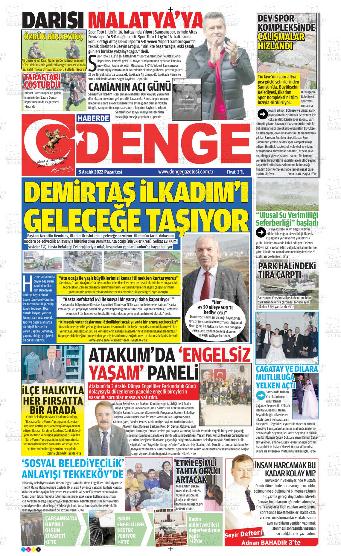 05 Aralık 2022 Samsun Denge Gazete Manşeti