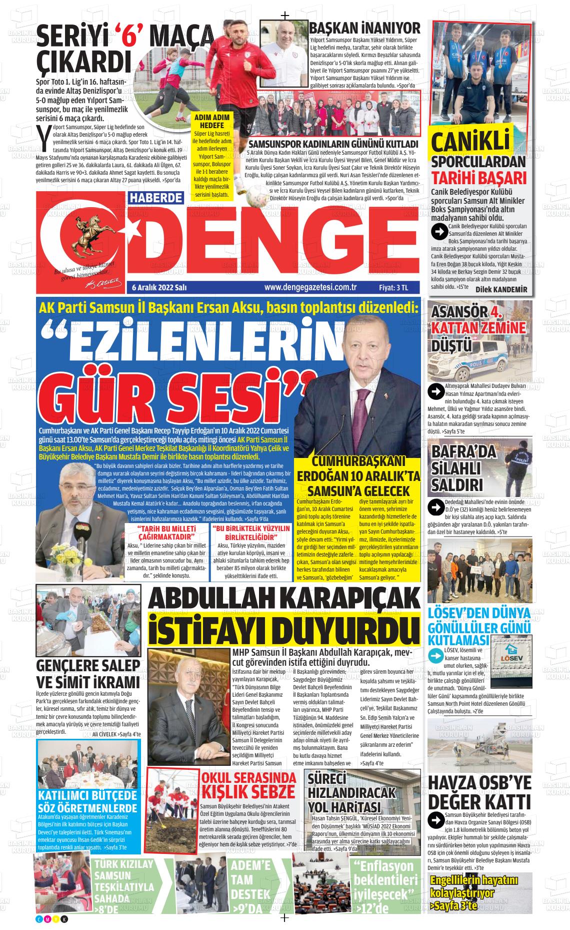 06 Aralık 2022 Samsun Denge Gazete Manşeti