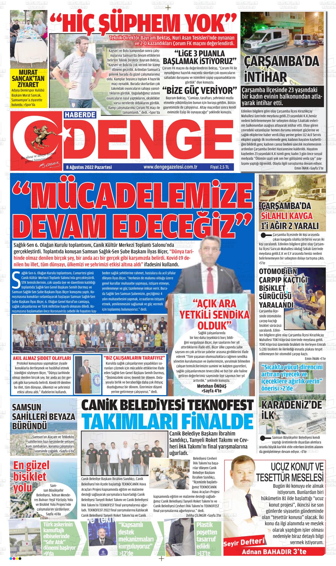 08 Ağustos 2022 Samsun Denge Gazete Manşeti