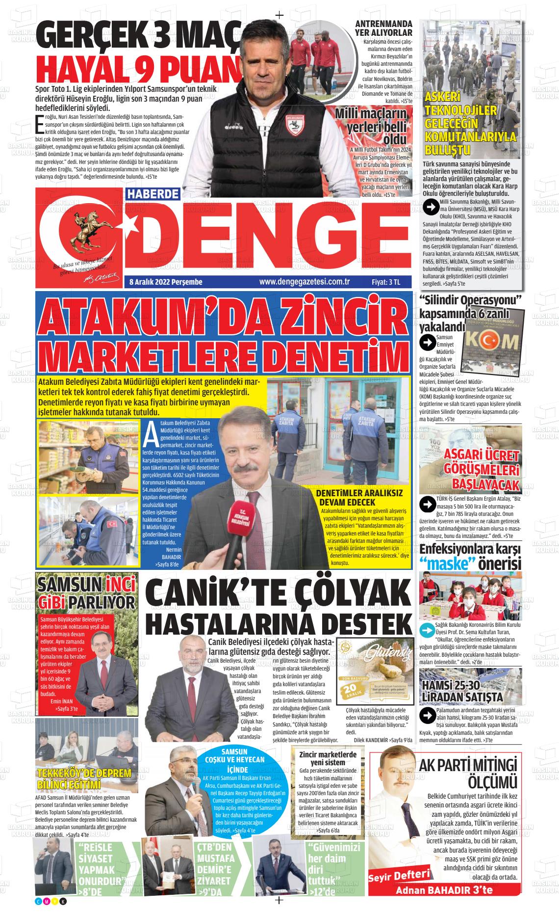 08 Aralık 2022 Samsun Denge Gazete Manşeti