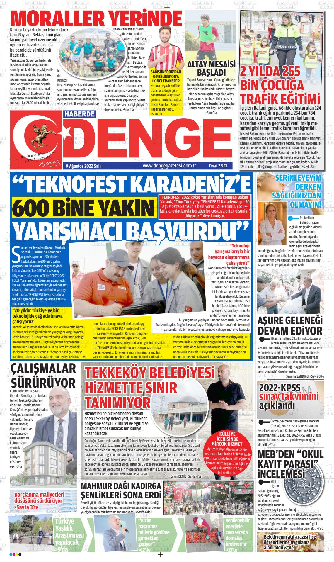 09 Ağustos 2022 Samsun Denge Gazete Manşeti